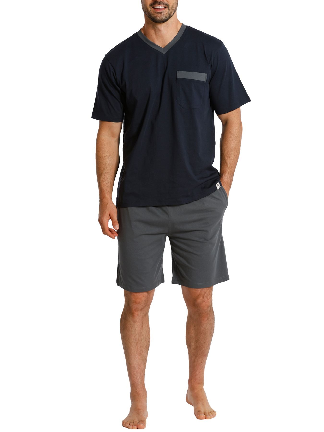 HAASIS Bodywear 1919 Pyjama Herren Shorty 77111912-navy/grau (1 tlg) Bedruckter Shorty, V-Hals, Brusttasche