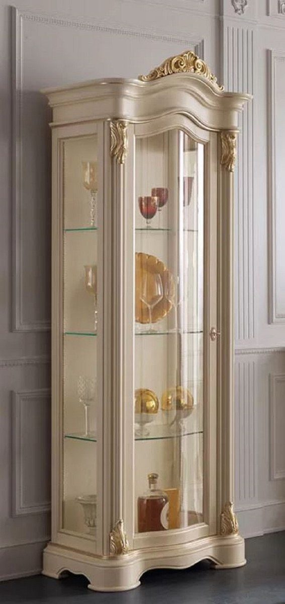 Padrino Möbel Barock Prunkvolle Handgefertigter Luxus Vitrine - Tür Cremefarben Luxus - Gold / - Casa Vitrine Qualität Vitrinenschrank mit - Made Italy in Barock Massivholz