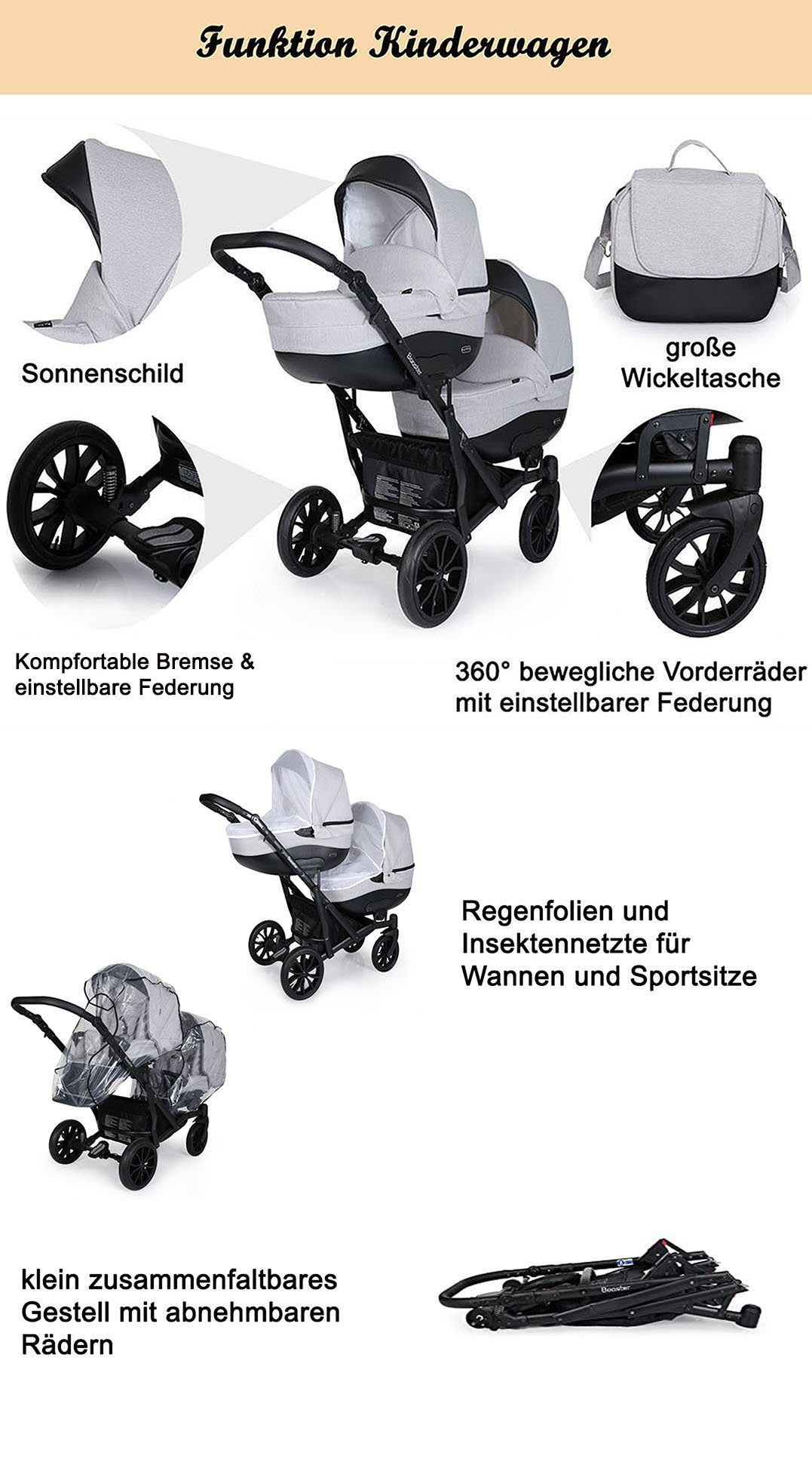 babies-on-wheels Zwillings-Kombikinderwagen Zwillingskinderwagen 3 Booster 4 Farben in 14 1 - Hellgrau - in Teile
