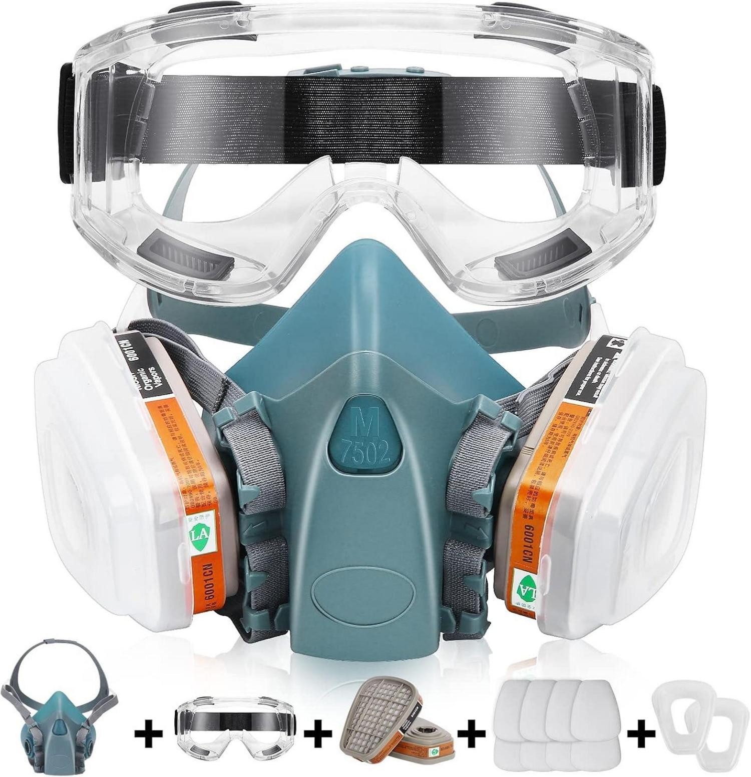 Atemschutz-Vollmaske Chemikalien-Staubmaske mit Filter und Brille, 8 Stück Filter-Baumwolle