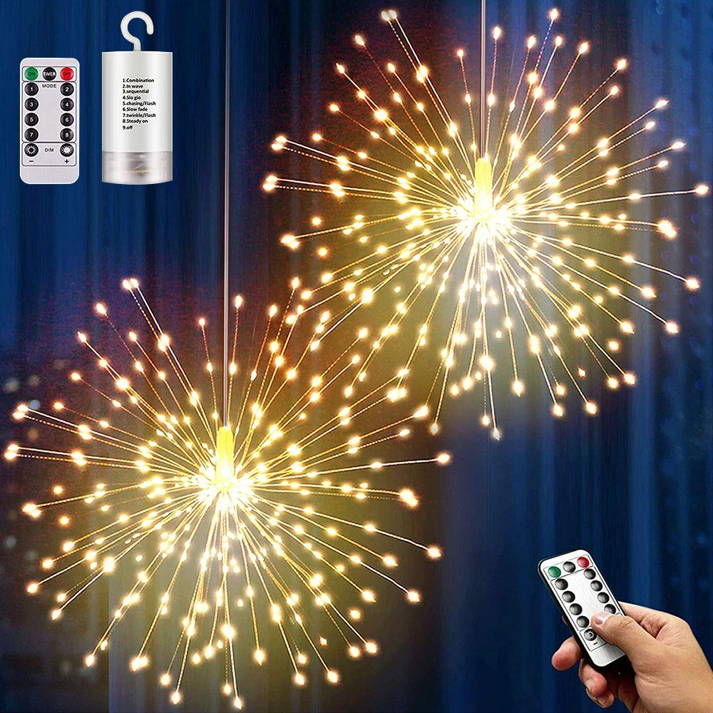 Rosnek LED-Lichterkette Hängende Kugel Lichterkette, 8 Fernbedienung, Wasserdicht Warmes dimmbar, Weiß Feuerwerk 200LEDs Weihnachtsdekoration, Modi
