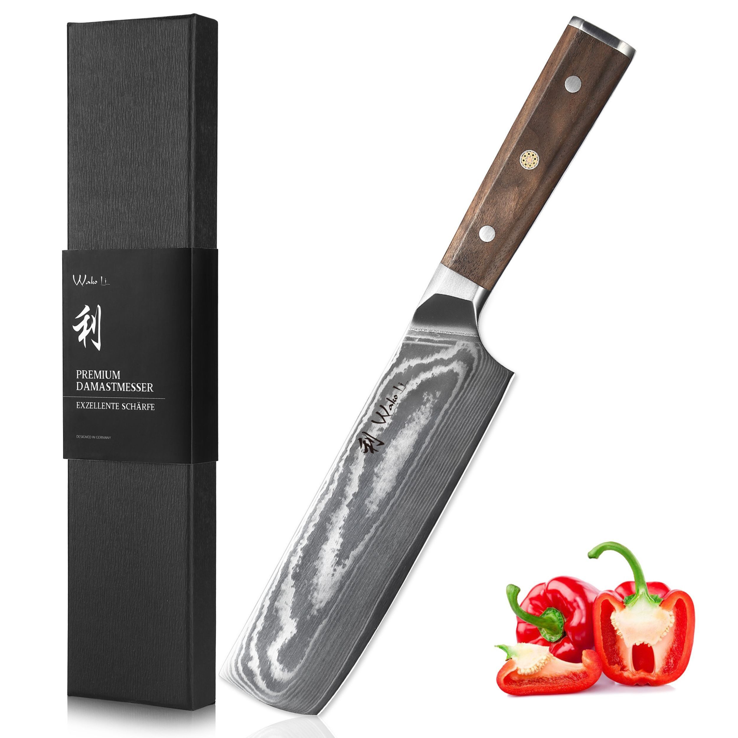Wakoli Asiamesser Damast Nakiri Küchenmesser 18 cm Klinge Full Tang Walnussholzgriff, Damaststahl, Full Tang, VG-10