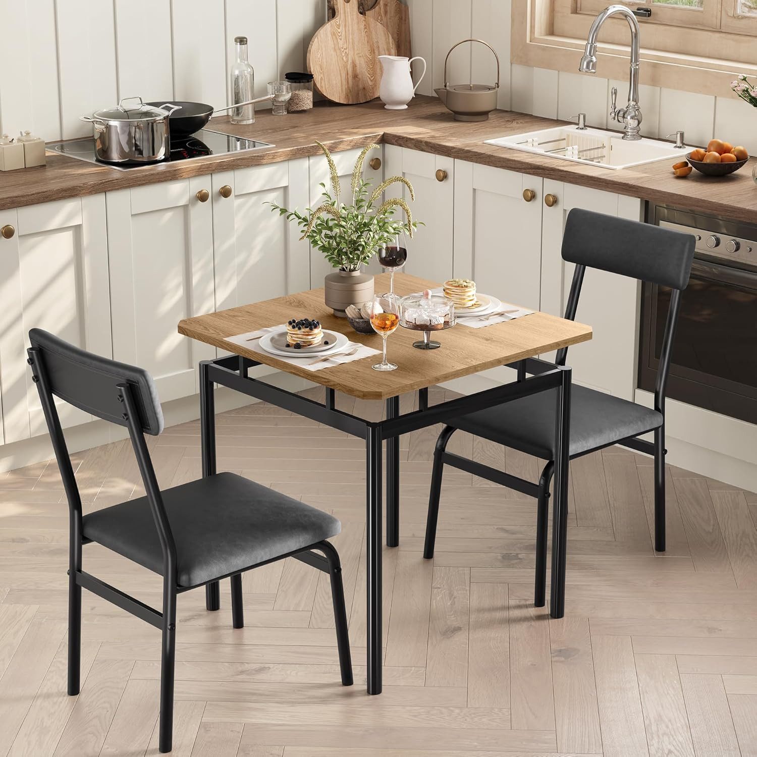 GarveeMore Essgruppe für 2 Personen,3-teiliger Esstisch mit 2 gepolsterten Stühlen, Kompaktes Ktichen Tisch für Küche & Esszimmer & kleine Räume