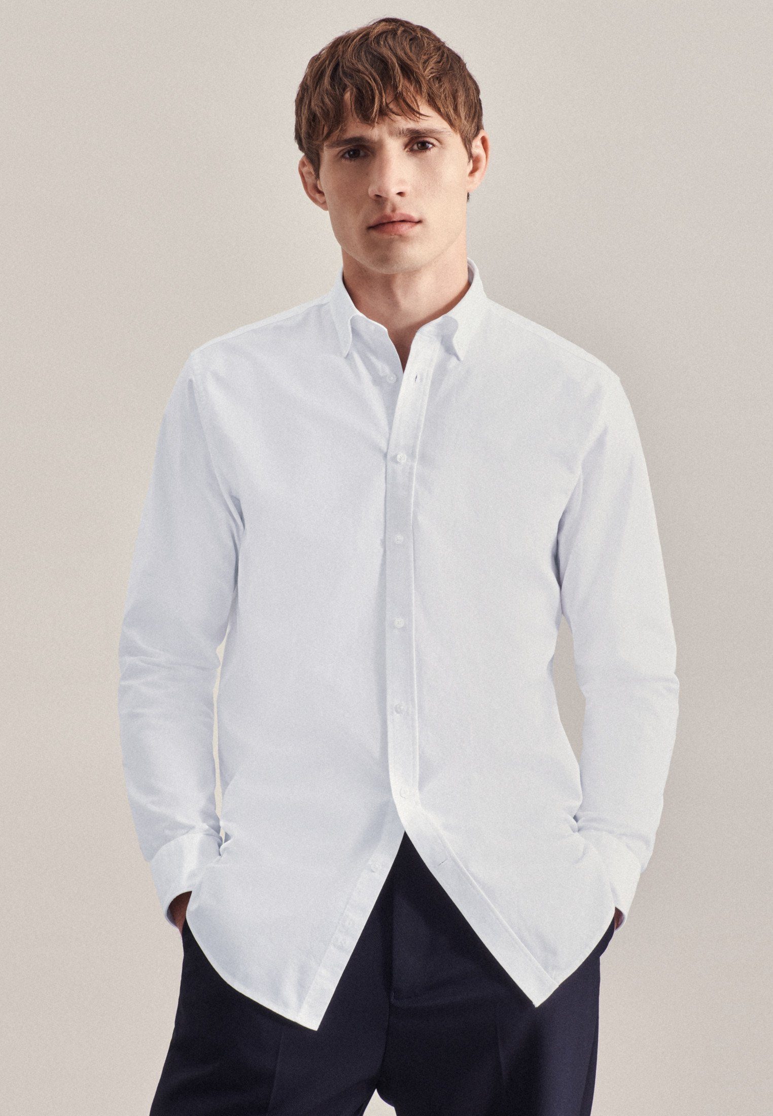 Uni Langarm Weiß Regular Regular Businesshemd Button-Down-Kragen seidensticker