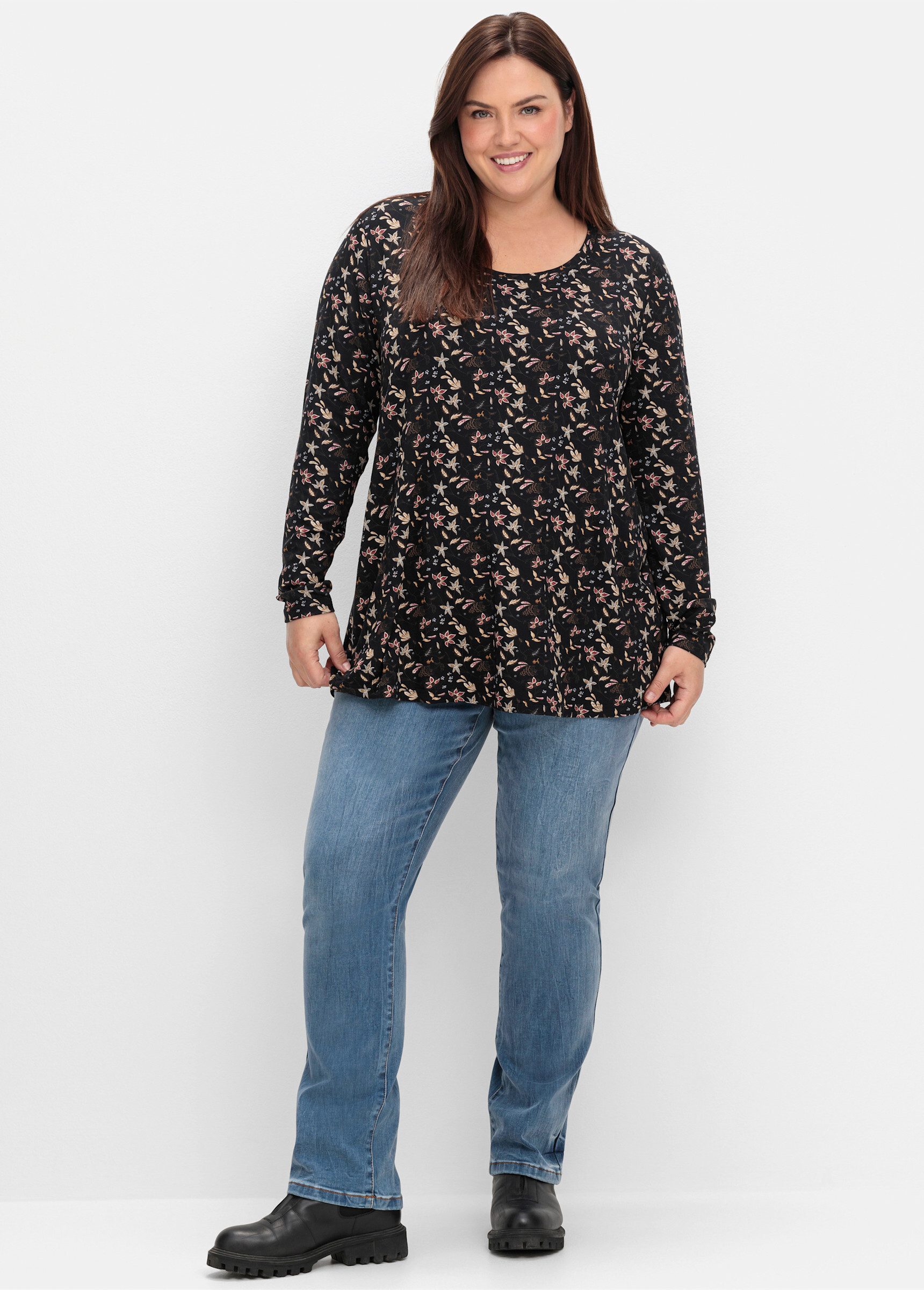 Sheego T-Shirt Langarmshirt . mit Alloverdruck, in A-Linie günstig online kaufen