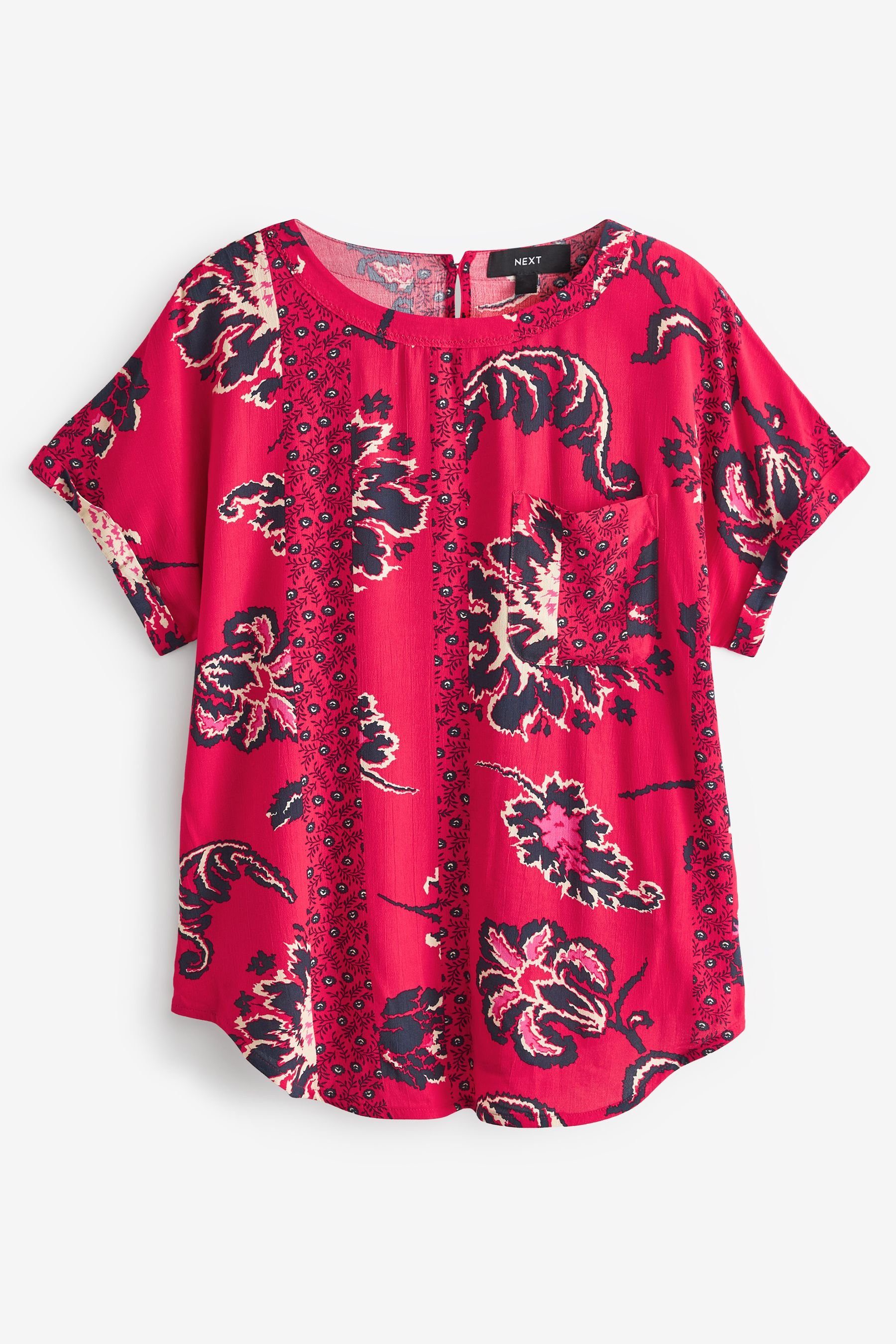 T-Shirt Kurzgröße Next mit + Floral T-Shirt (1-tlg) Tasche Saum, Red abgerundetem