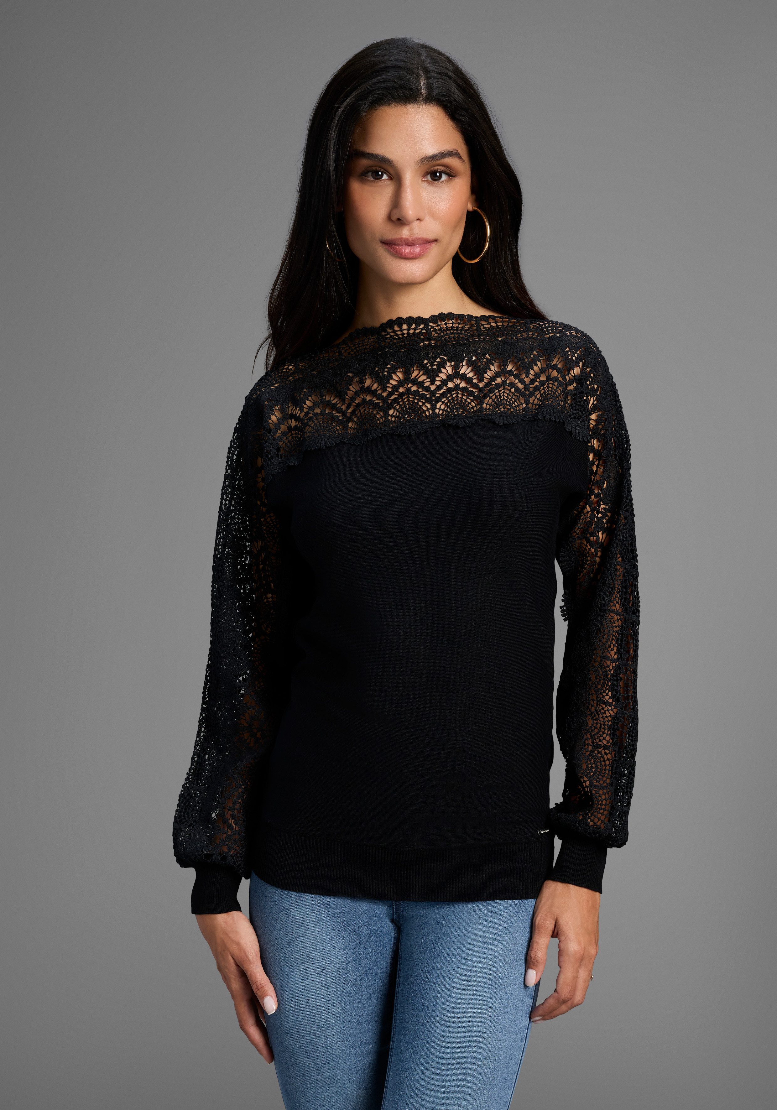 Bruno Banani Strickpullover mit Spitze auf günstig online kaufen