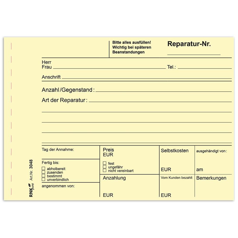 RNK Verlag Organisationsmappe Reparaturschein DIN A6, 3 x 40 Blatt, selbstdurchschreibend (Reparaturschein-Block, Rosa Kunde, Gelb Werkstatt, Weiß verbleibt im Block), Selbstdurchschreibend, 3-fach, perforiert, farbige Durchschläge
