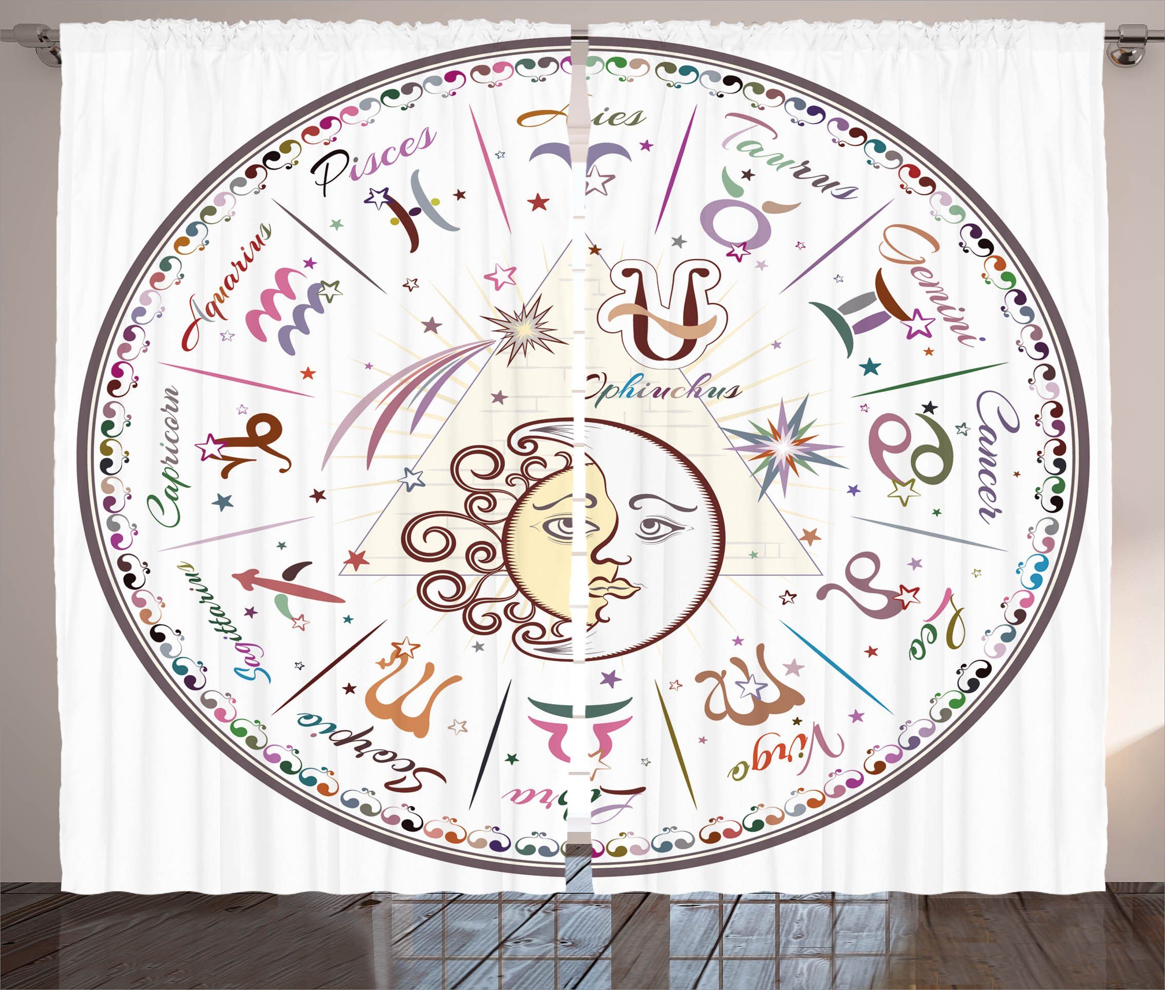 Gardine Schlafzimmer Kräuselband Vorhang mit Schlaufen und Haken, Abakuhaus, Tierkreis astrologische Horoskop