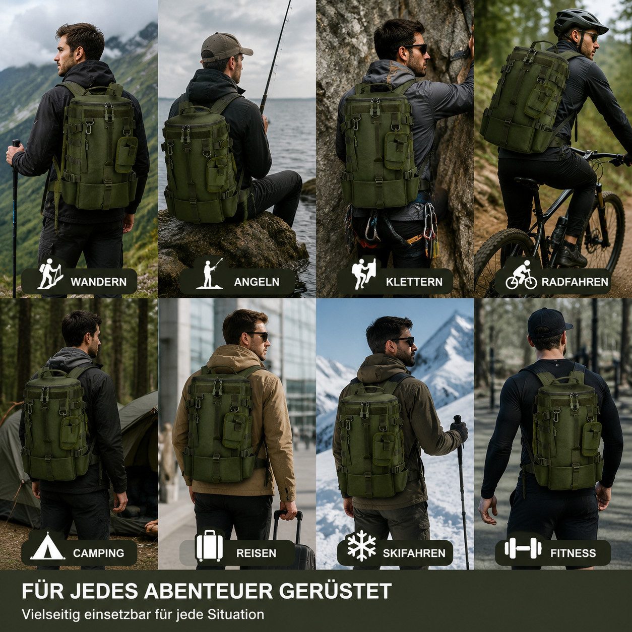 ibettertec Reiserucksack Outdoor Rucksack Multifunktionaler Trekkingrucksack mit MOLLE-System (Wanderrucksack Trekking Rucksack mit vielen Taschen, wasserdicht, Militär Rucksack), für Fitnessstudio Arbeit Camping, Herren Damen