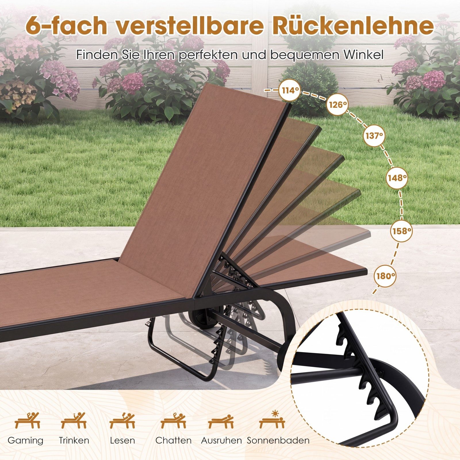 COSTWAY Gartenliege, Sonnenliege mit Rollen, 6-fach verstellbare Rückenlehne