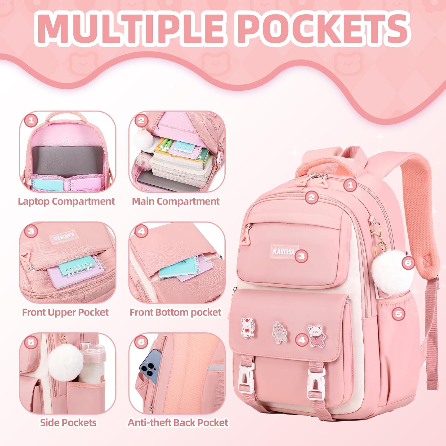 LIANNA Schulrucksack 3-teiliger Mädchen Schulrucksack, leicht, wasserabweisend (Set, 3-tlg., 3-teiliger Mädchen Schulrucksack, leicht, wasserabweisend)