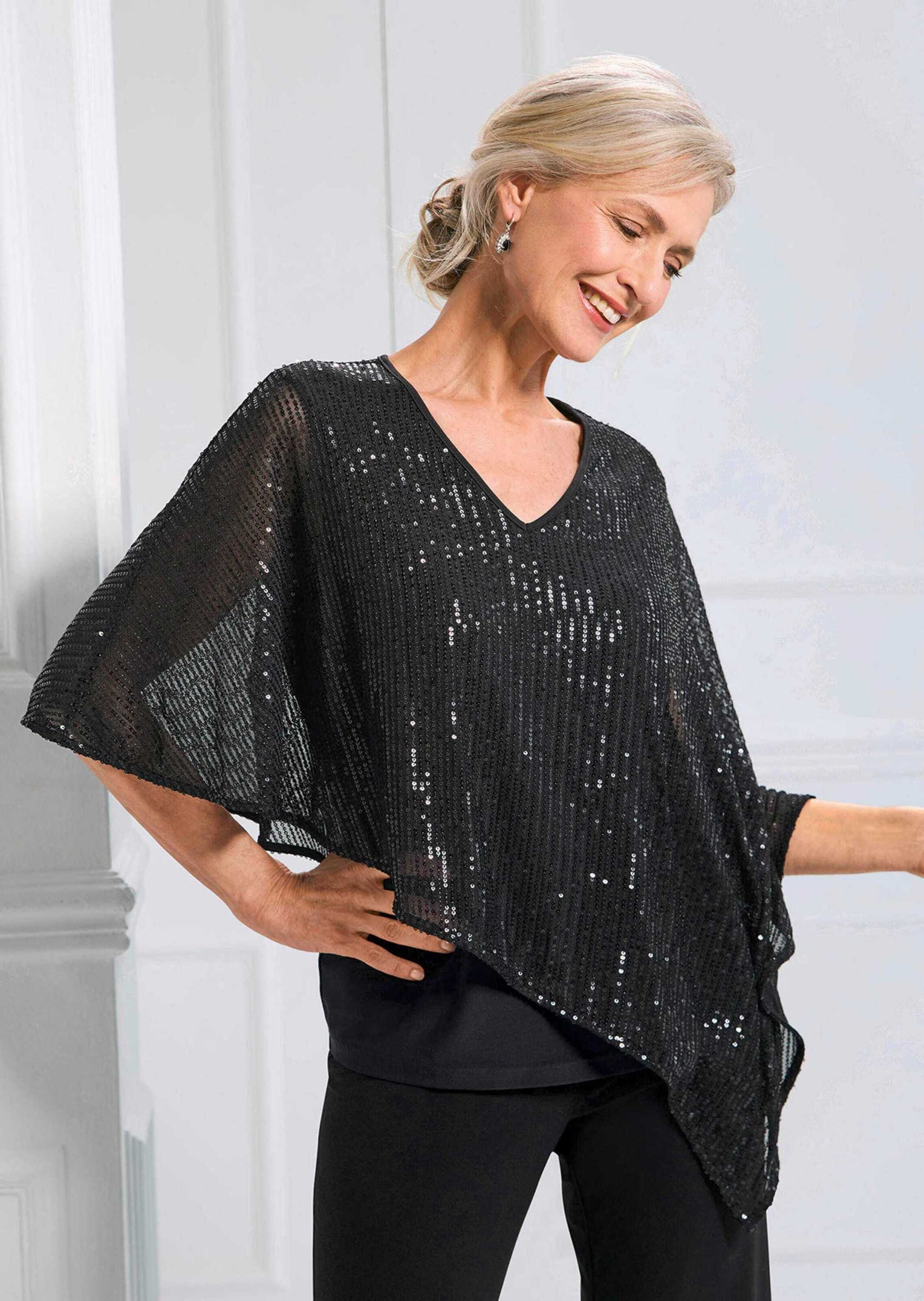 GOLDNER Print-Shirt Elegantes, semitransparentes Oberteil Edle Bluse mit 3/4-Arm, asymmetrischer Überwurf mit Glitzer-Details