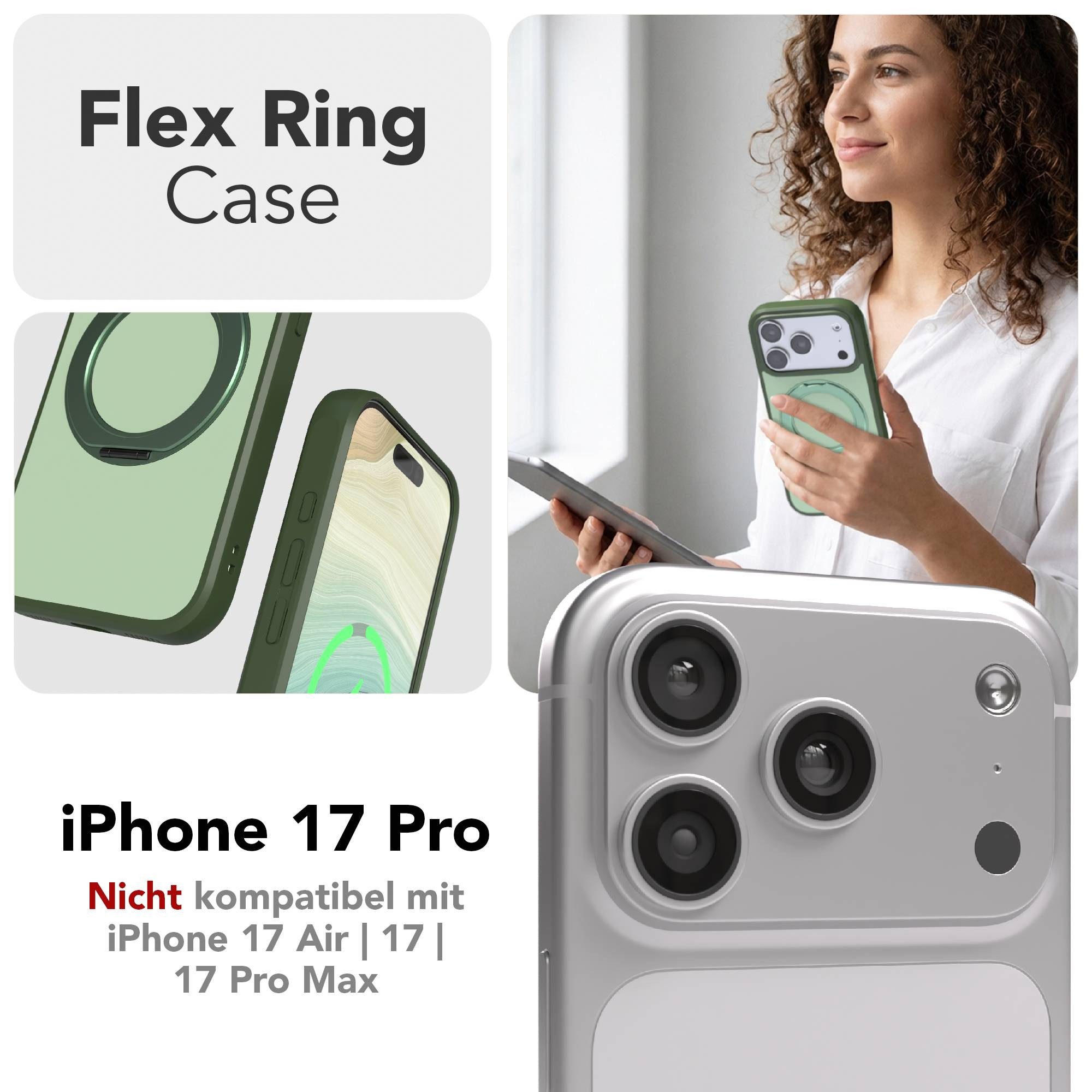 EAZY CASE Handyhülle Outdoor Apple iPhone 17 Pro Case MagSafe Rotation Ring 6,3 Zoll, Backcover Case mit Rotation Ring Outdoor Hülle aufstellbar Dunkelgrün