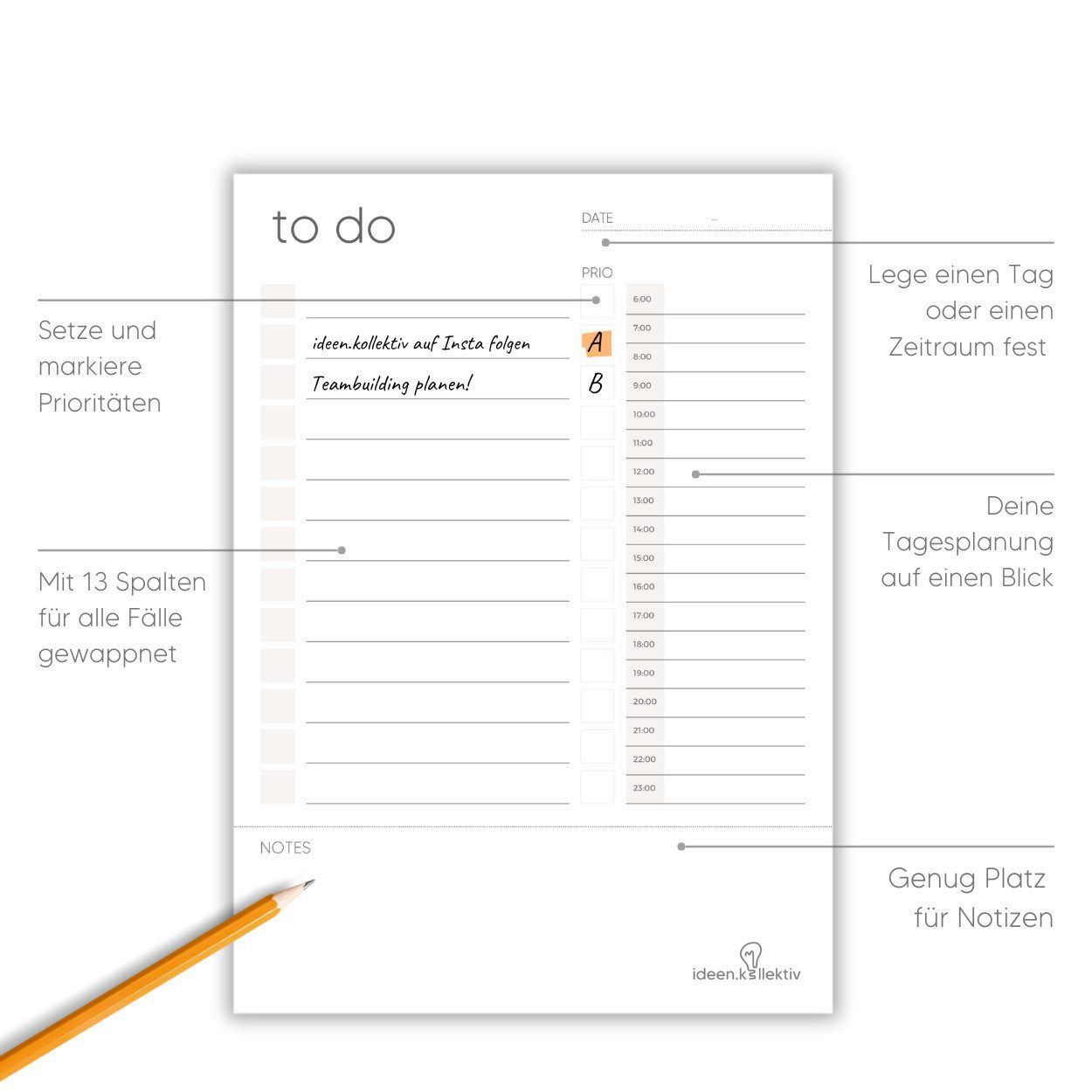 ideen.kollektiv Notizblock ideen.kollektiv – 3er Set A5 To-Do-Listenblöcke mit/ohne Zeitplan –, Aufgabenlisten für Ringbuch, Ringorganizer & Bullet Journaling
