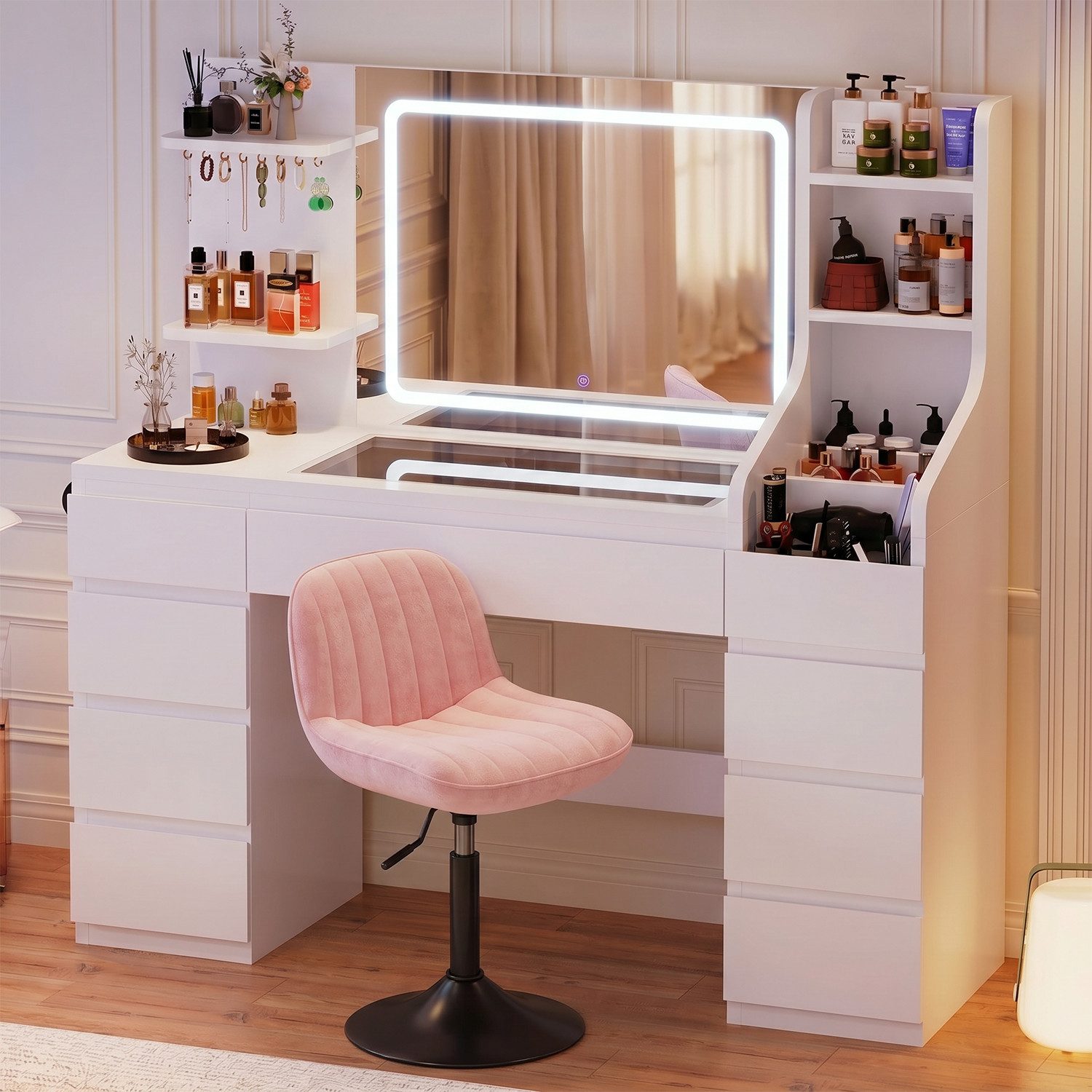HOMALL Schminktisch Dreifarbiger, LED-beleuchteter Schminktisch Extra großer Stauraum (Maße: 135 × 40 × 137 cm, Arbeitsplatte aus gehärtetem Glas, mit 7 offenen Ablagefächern + 9 Schubladen, 2 Steckdosen + 1 USB-Anschluss + 1 Typ-C-Anschluss, Halterung für Haartrockner -ostern geschenke)