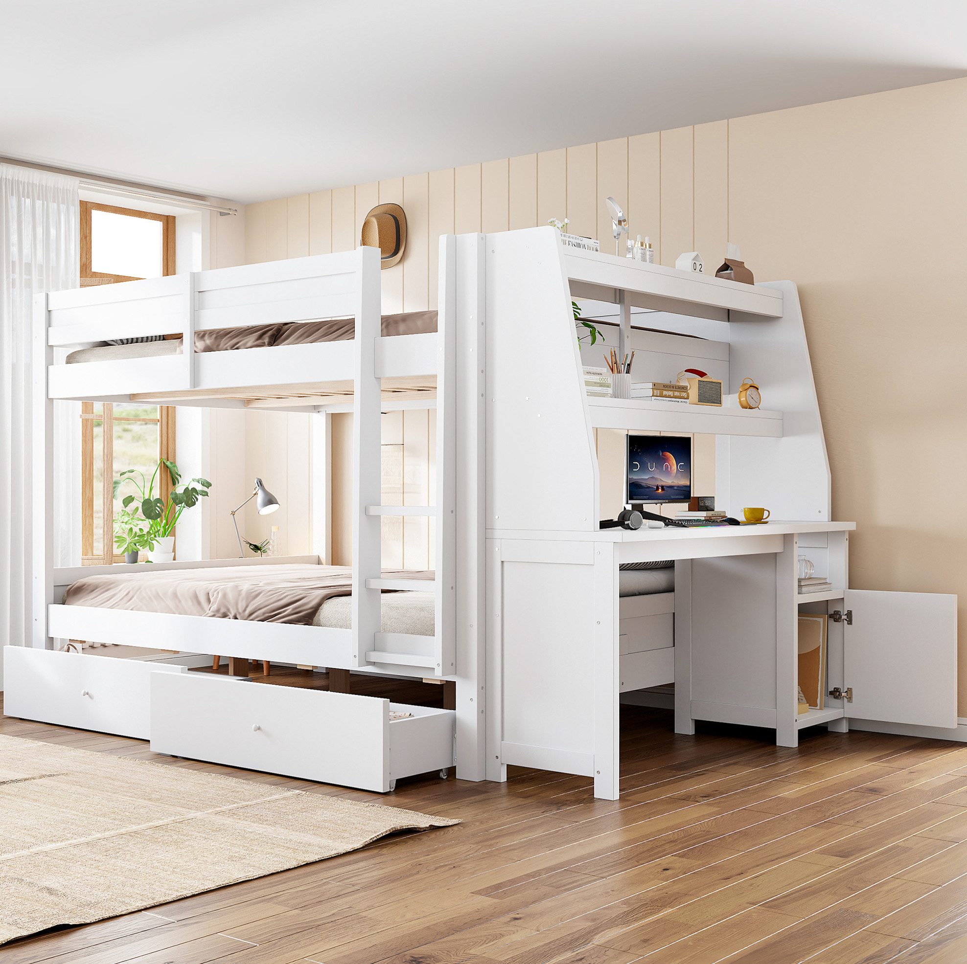 MODFU Etagenbett Kinderbett mit seitlichem Stauraumschrank links oder rechts montierbar (140x200cm, inklusive Schreibtisch, Schubladen und Ablagebereich, Funktionsbett Jugendbett), ohne Matratze