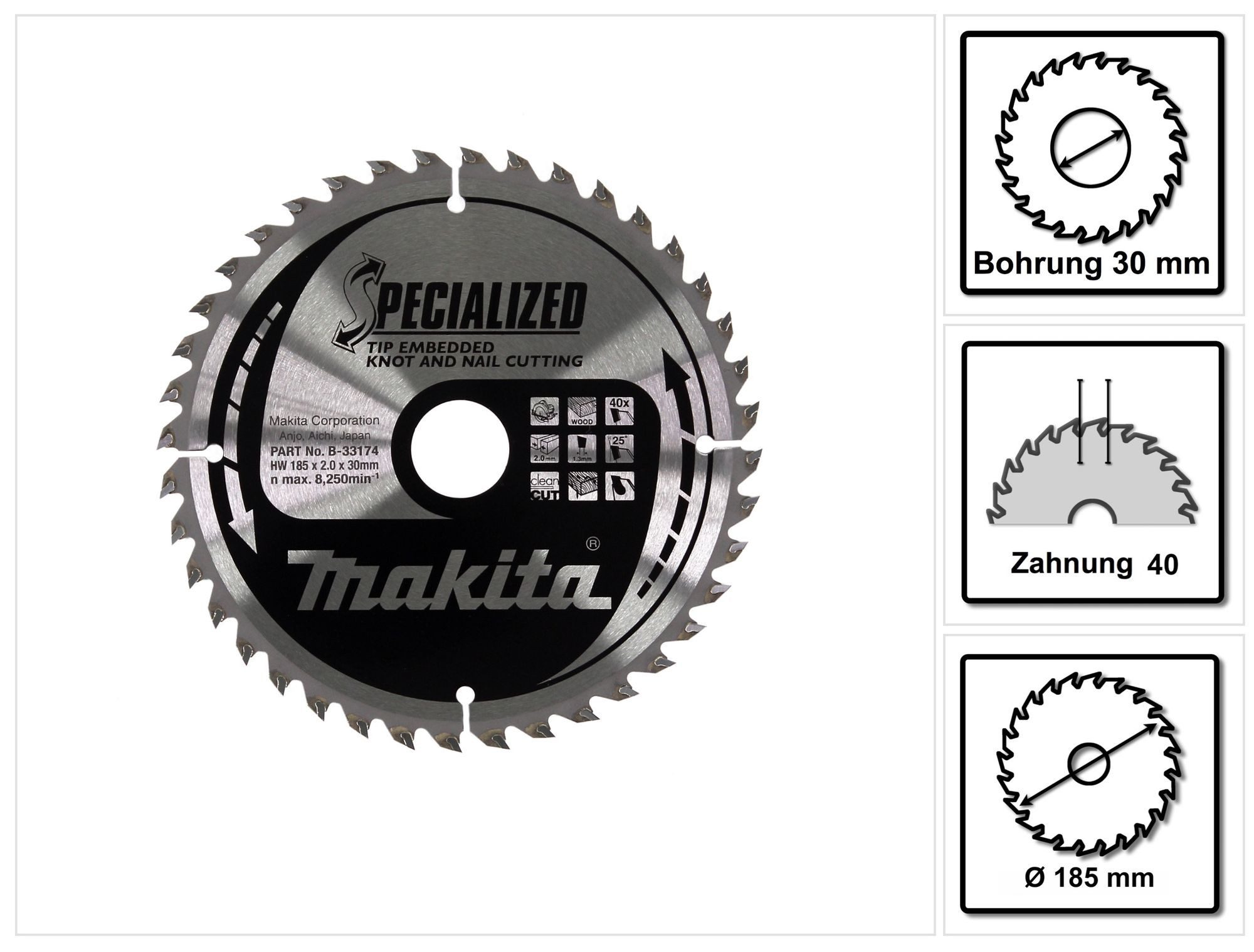 Makita Kreissägeblatt SPECIALIZED Kreissägeblatt 185 x 30 x 2 mm 40 Zähne (B-33174)