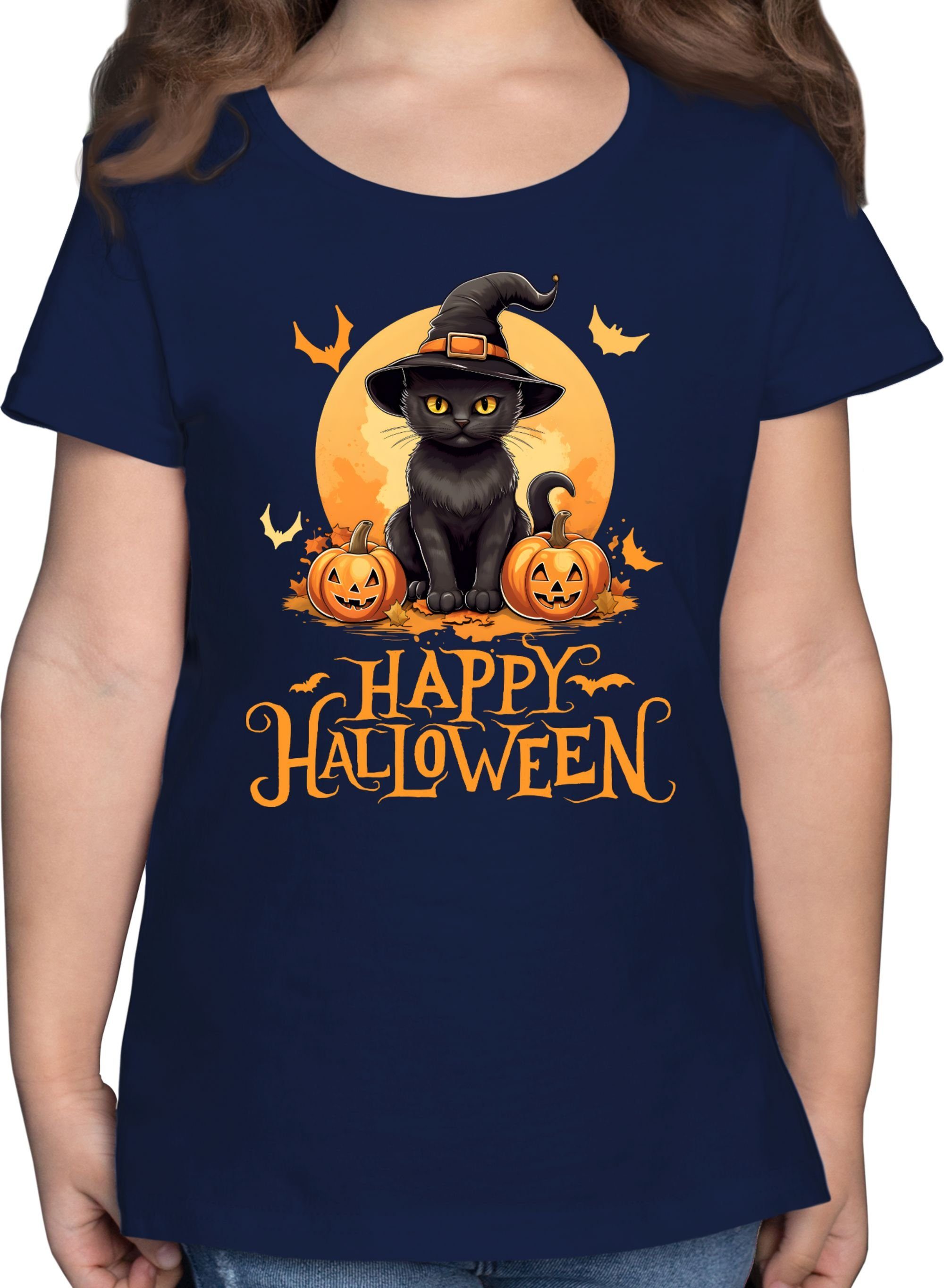 Shirtracer T-Shirt Happy Halloween Katze Lustig Kostüme Dunkelblau Halloween für 03 Katzenliebhaber Hexenhut Kinder Cat