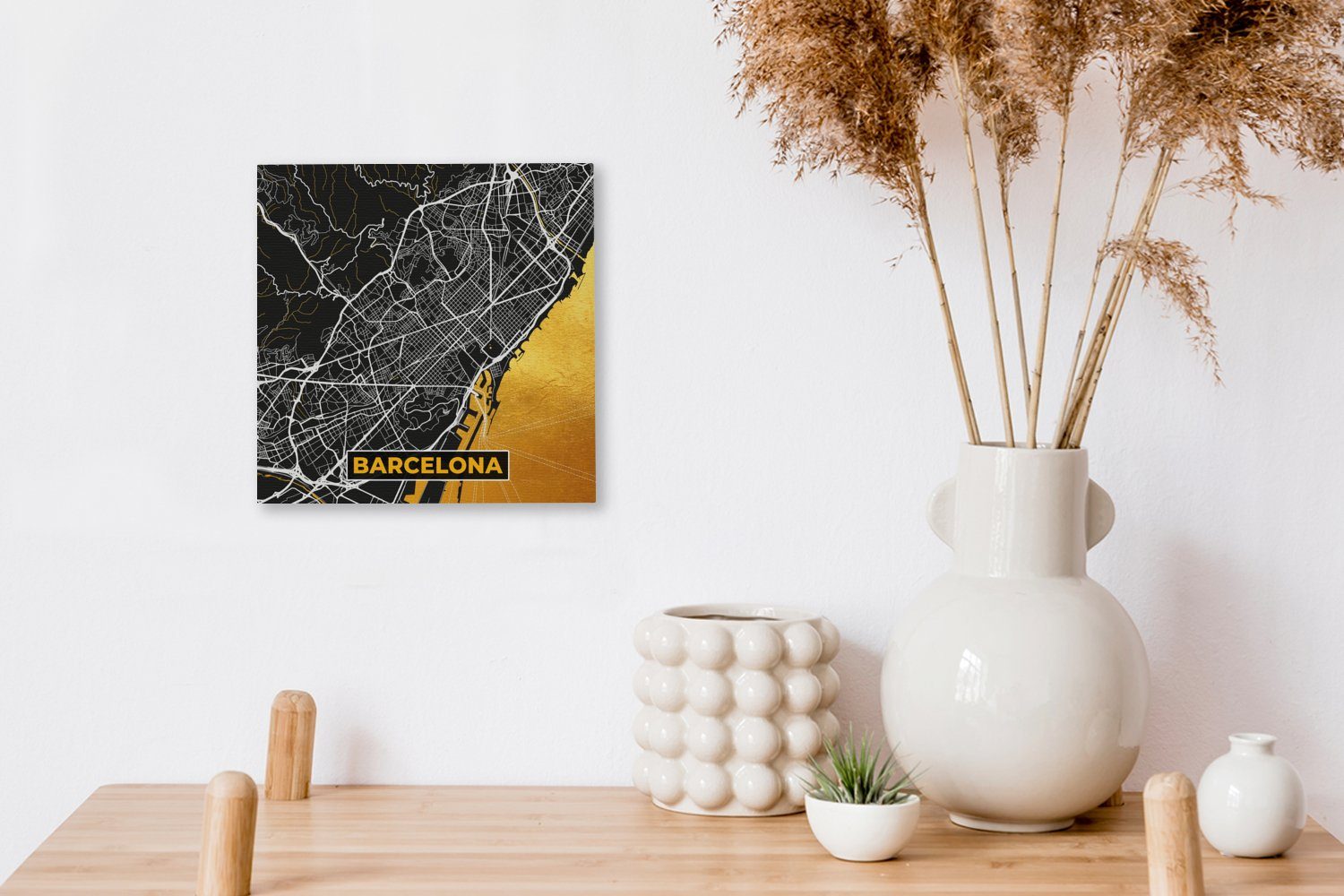 OneMillionCanvasses® Leinwandbild Gold, - - Stadtplan St), - Karte Bilder Wohnzimmer Schlafzimmer (1 Barcelona Leinwand für