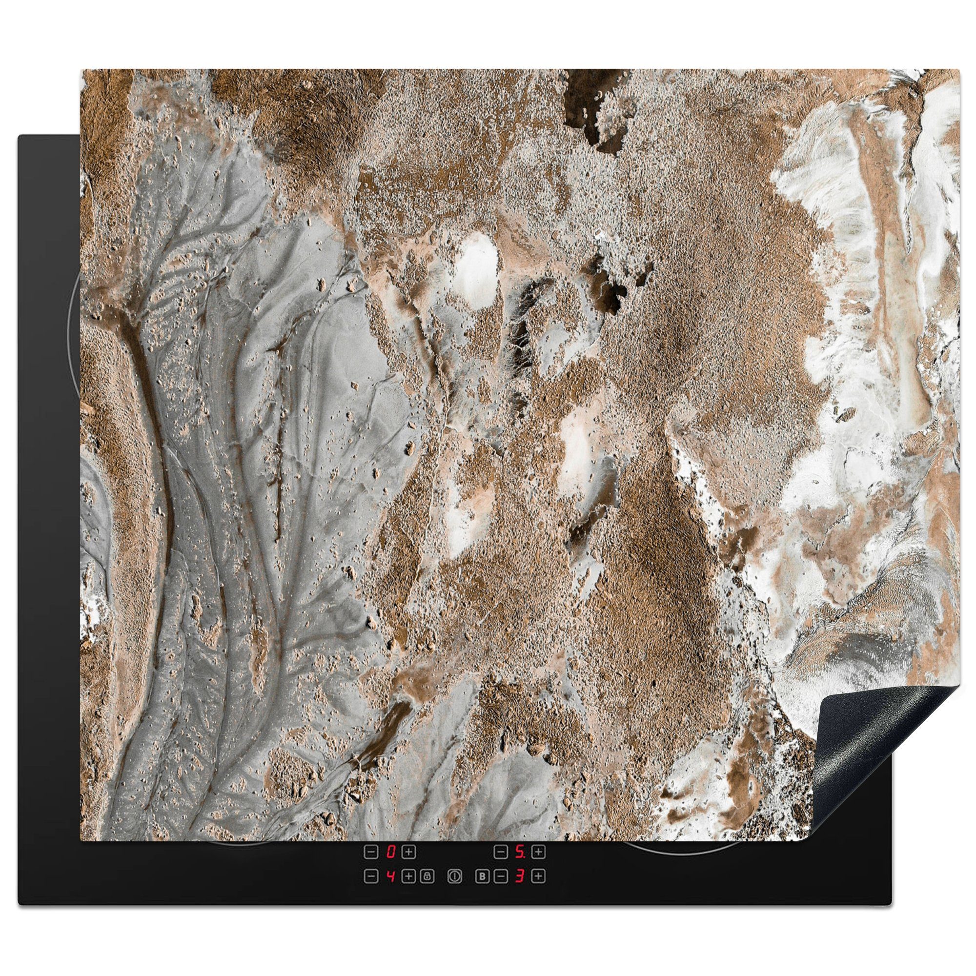 MuchoWow Herdblende-/Abdeckplatte Abstrakt - Marmor - Weiß - Braun - Marmoroptik, Vinyl, (1 tlg), 60x52 cm, Mobile Arbeitsfläche nutzbar, Ceranfeldabdeckung
