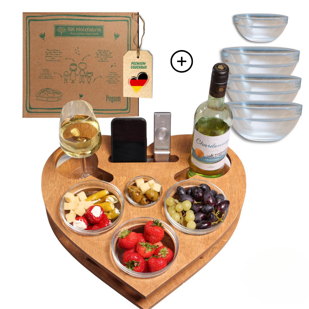 PEGSEN Servierplatte Couchbar Snackbox Herz mit 4 Snackschalen Sofa Tablett, Birkenholz, (Geschenkset inkl. Geschenkkarton, 5-tlg., lebensmittelechte Glasschalen), passend für Kaffeetassen, Weingläser & 0,5l Flaschen