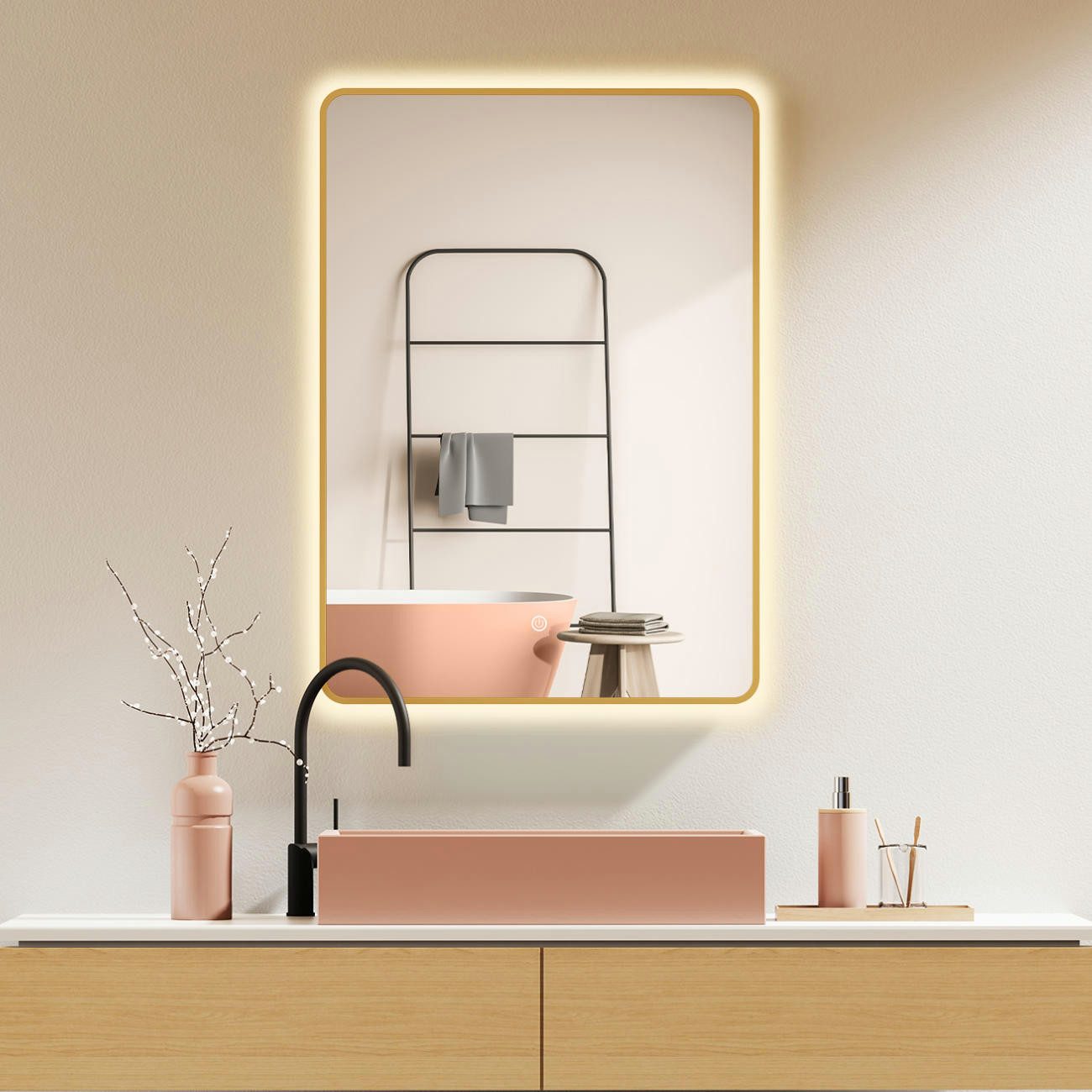 HOKO Badspiegel mit Beleuchtung, Badezimmerspiegel Schwarz/Gold/Weiß günstig online kaufen