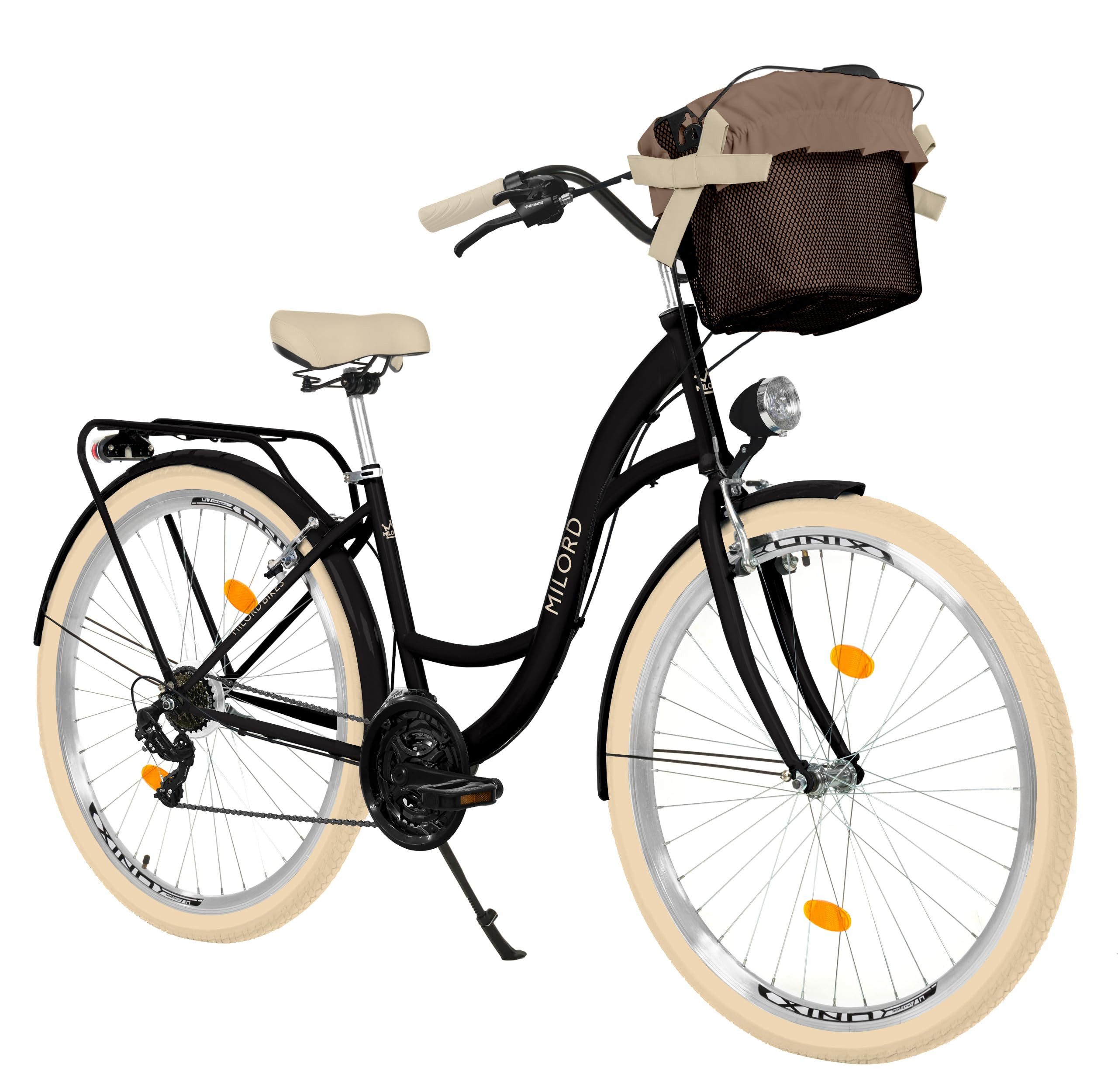 Milord Cityrad Damenfahrrad Citybike Mit Metallkorb Fahrrad, 26/28 Zoll, 21-Gang, 21 Gang, (Fahrradständer, Gepäckträger, Klingel, Korb, Kotflügel)