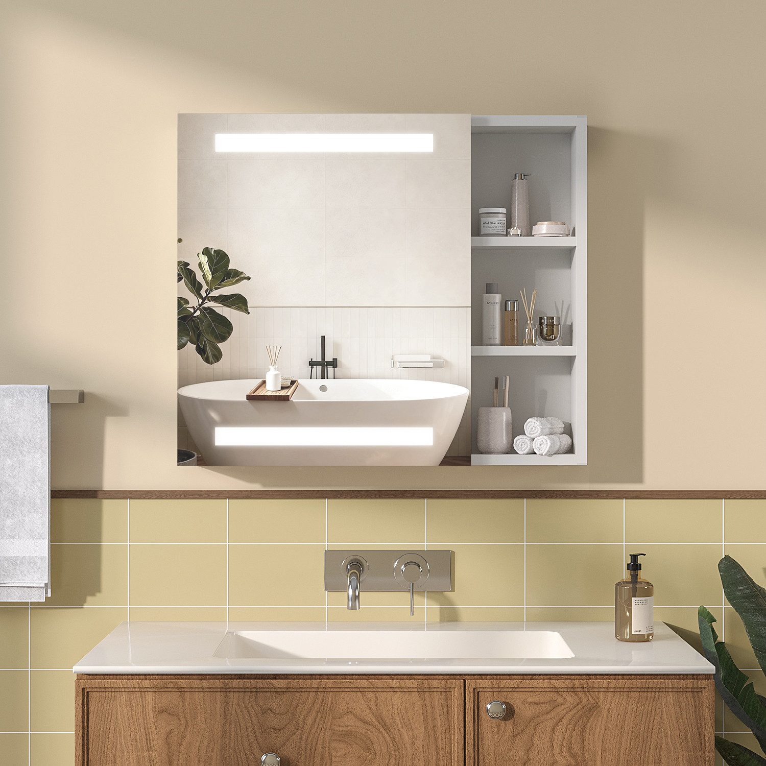 AQUABATOS Badezimmerspiegelschrank LED Spiegelschrank Bad mit Beleuchtung IR Sensor Badezimmerschrank Wandschrank Badezimmer 70x60cm, Anti-fog, Dimmbar, Steckdose, IP44