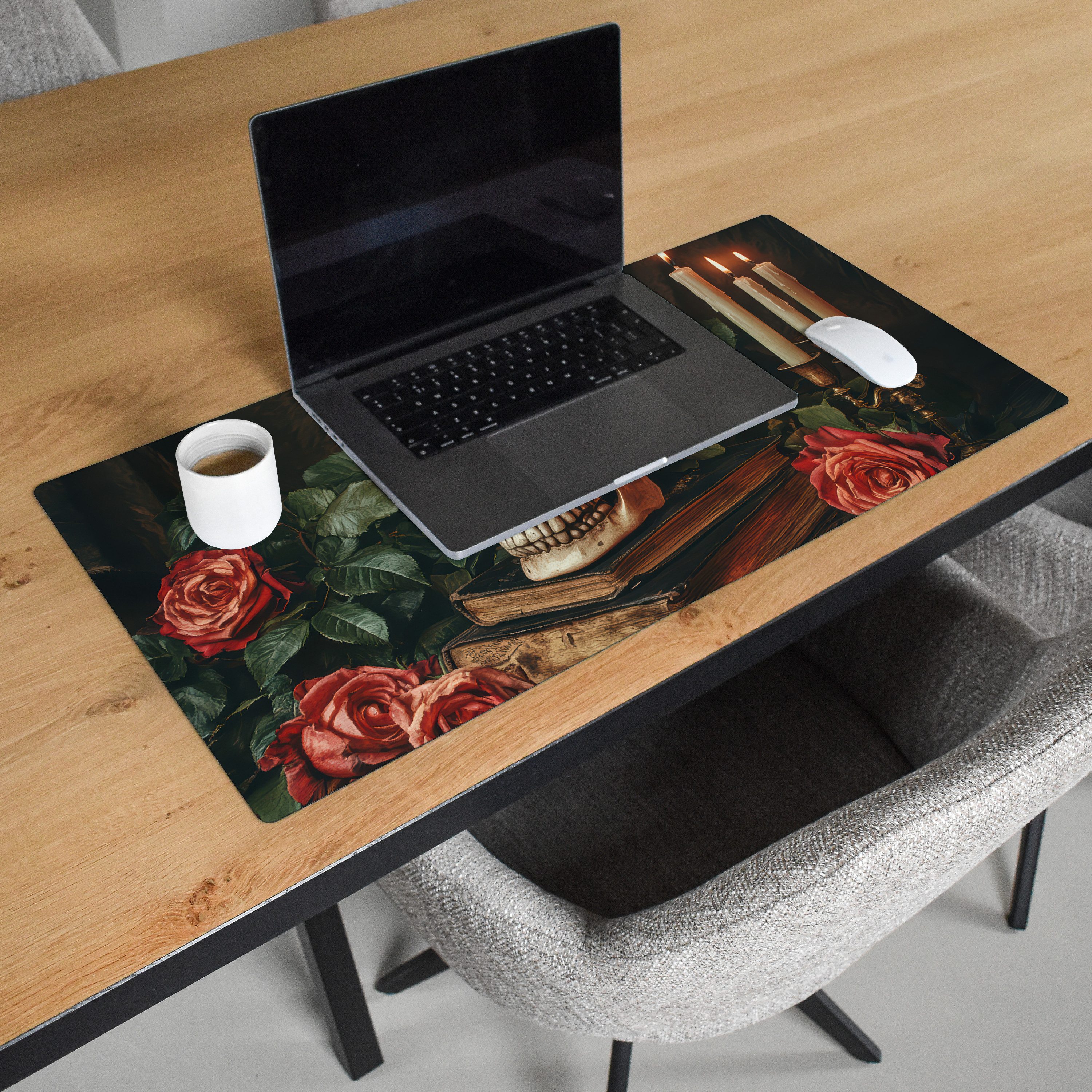 MuchoWow Gaming Mauspad Skelett - Kerzen - Rosen - Schädel - Bücher - Kerzenständer (1-St), Gaming Mauspad XXL, Schreibtischunterlage, Desk Mat Groß, 80x40 cm