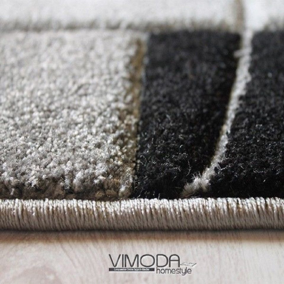 Vimoda Teppich Teppichwohnzimmer Grau Klassiker Kurzflor dicht gewebt, Rechteckig, Höhe: 13 mm, Teppich mit Bordürenmotiv grau weiß schwarz und Konturenschnitt