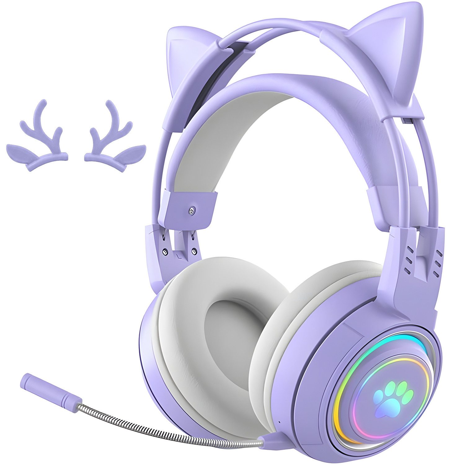 AIMAX Kabelloser Over-Ear-Kopfhörer RGB mit Mikrofon und Noise-Cancelling Bluetooth-Kopfhörer (Gaming-Headset mit Katzenohren und Hirschohren abnehmbaren für Kinder, mit 50 mm Treiber, Musik/Gaming-Modus, für PC, PS, Xbox, Laptop, Geschenke für Erwachsene, Freundin, Partner, Gamer)