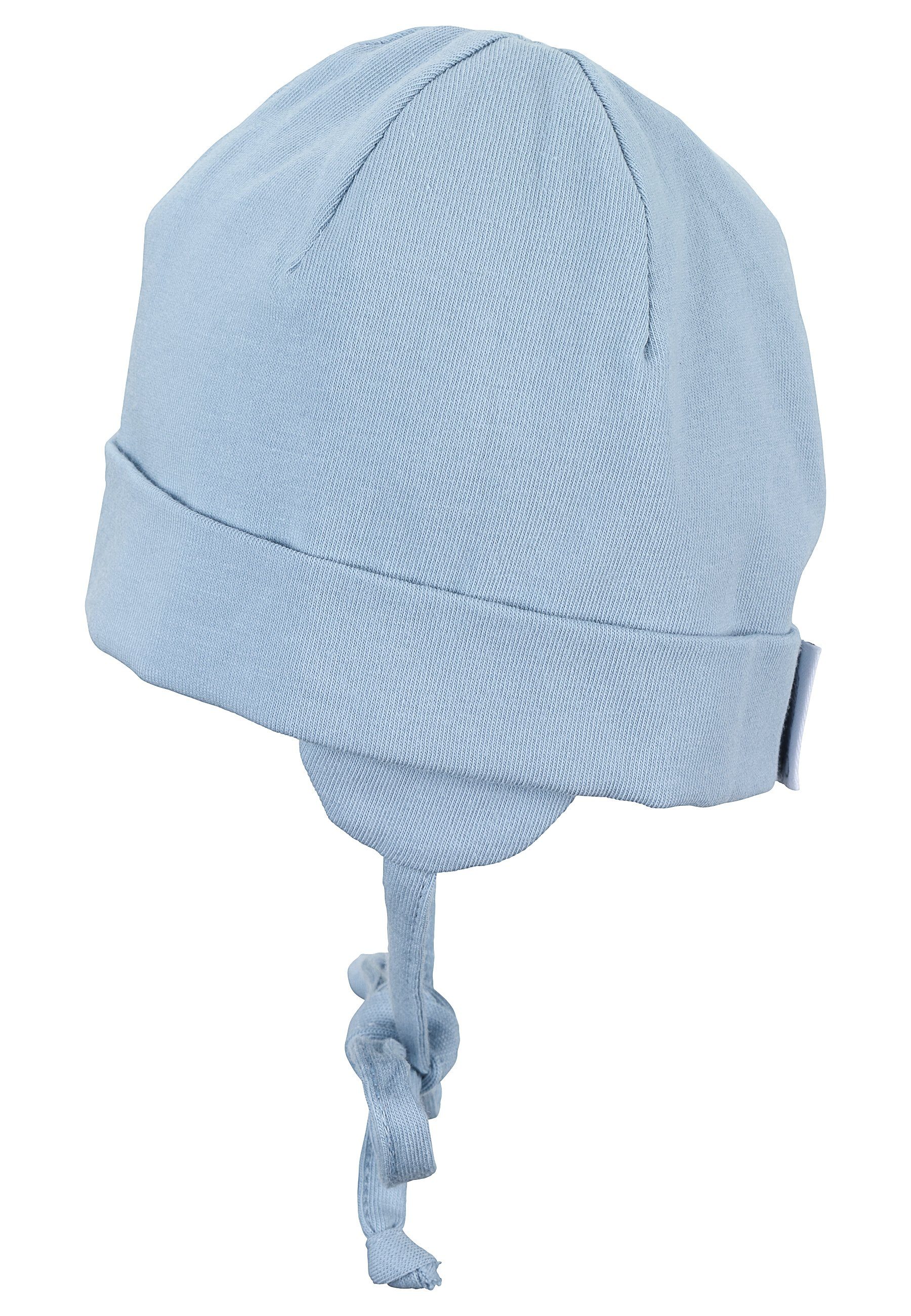 Sterntaler® Schlupfmütze OCS aus Baumwolle Beanie ohne mit nachhaltiger tragbar Babymütze Kinder (1-St., Ringeln Umschlag) Mütze hellblau mit und Bindeband mit