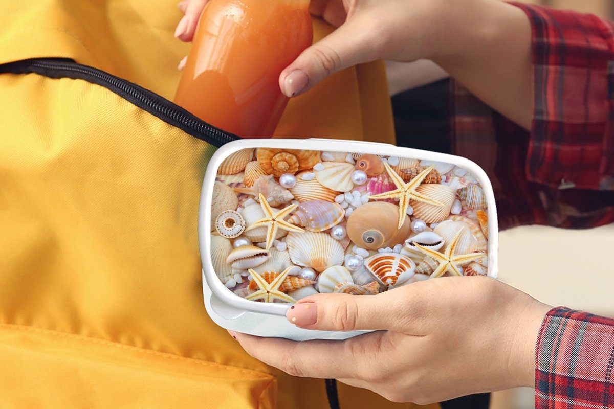 MuchoWow Lunchbox für Brotdose, Jungs - - und Perlen Muscheln Brotbox und (2-tlg), Strand, Mädchen Seesterne Kinder weiß für - Kunststoff, Erwachsene