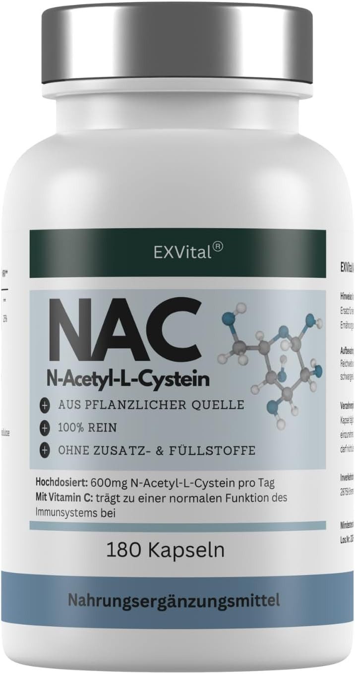 NAC Kapseln, hochdosiert, 600mg pro Kapsel, mit Vitamin C, 180 Stück Kapseln, 134 g