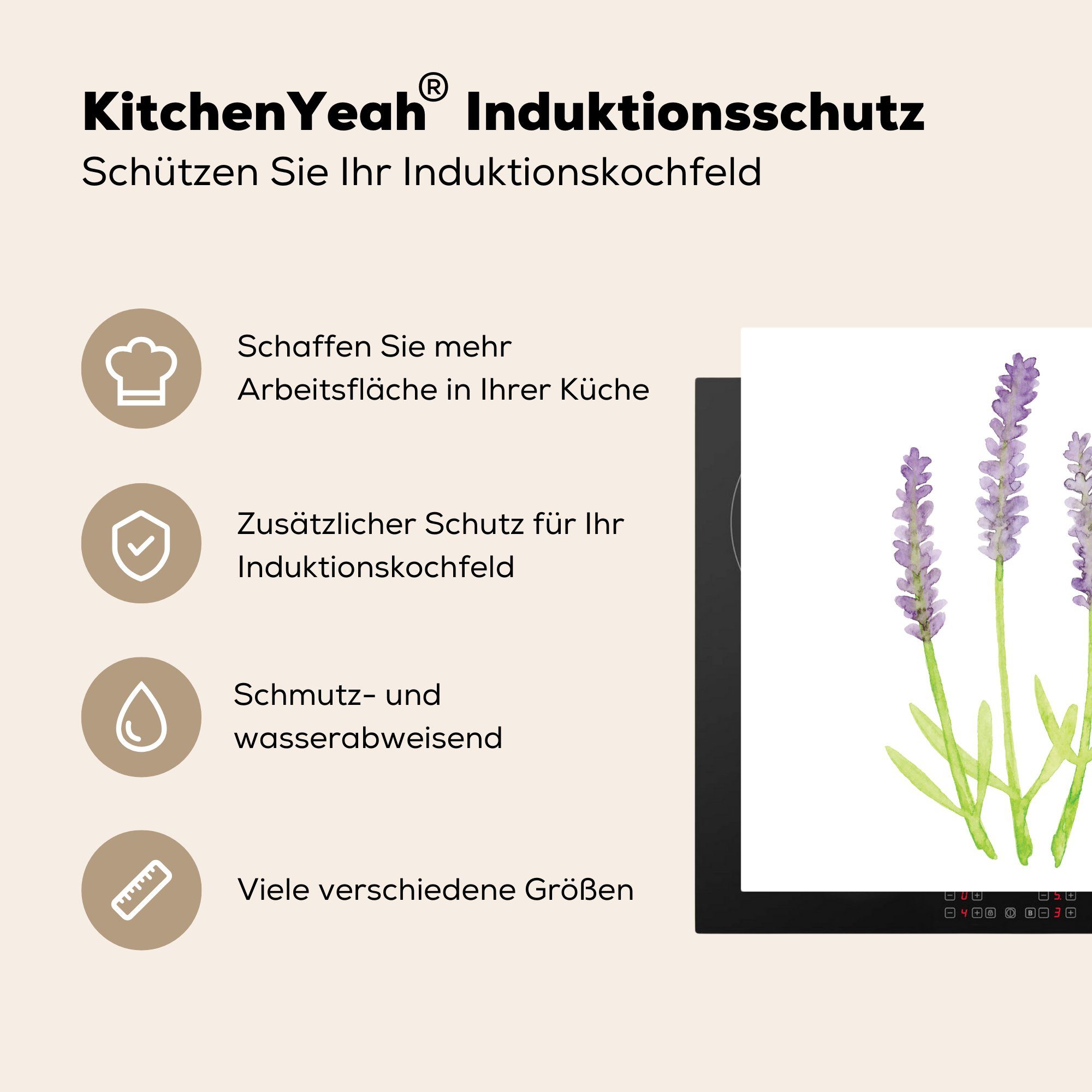 Ceranfeldabdeckung, küche Aquarell MuchoWow Lavendel für - Herdblende-/Abdeckplatte (1 cm, 78x78 Arbeitsplatte Vinyl, tlg), Pflanzen, -