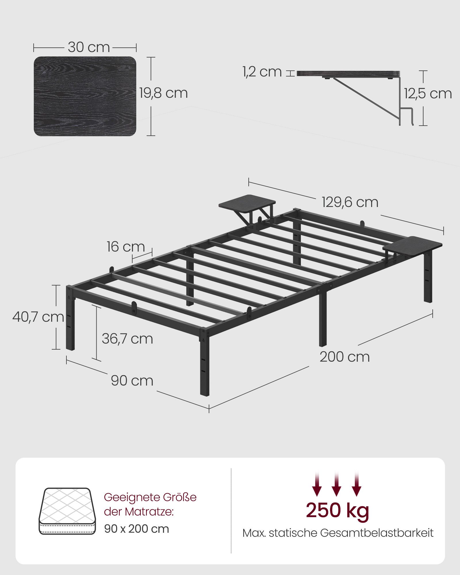 VASAGLE Bettgestell aus Metall mit Lattenrost und Ablagen, einfach zu montieren (90 x 200 cm), Einzelbettgestell, 90 x 200 cm, 2 Ablagen, bis 250 kg belastbar – Bild 5 von 5
