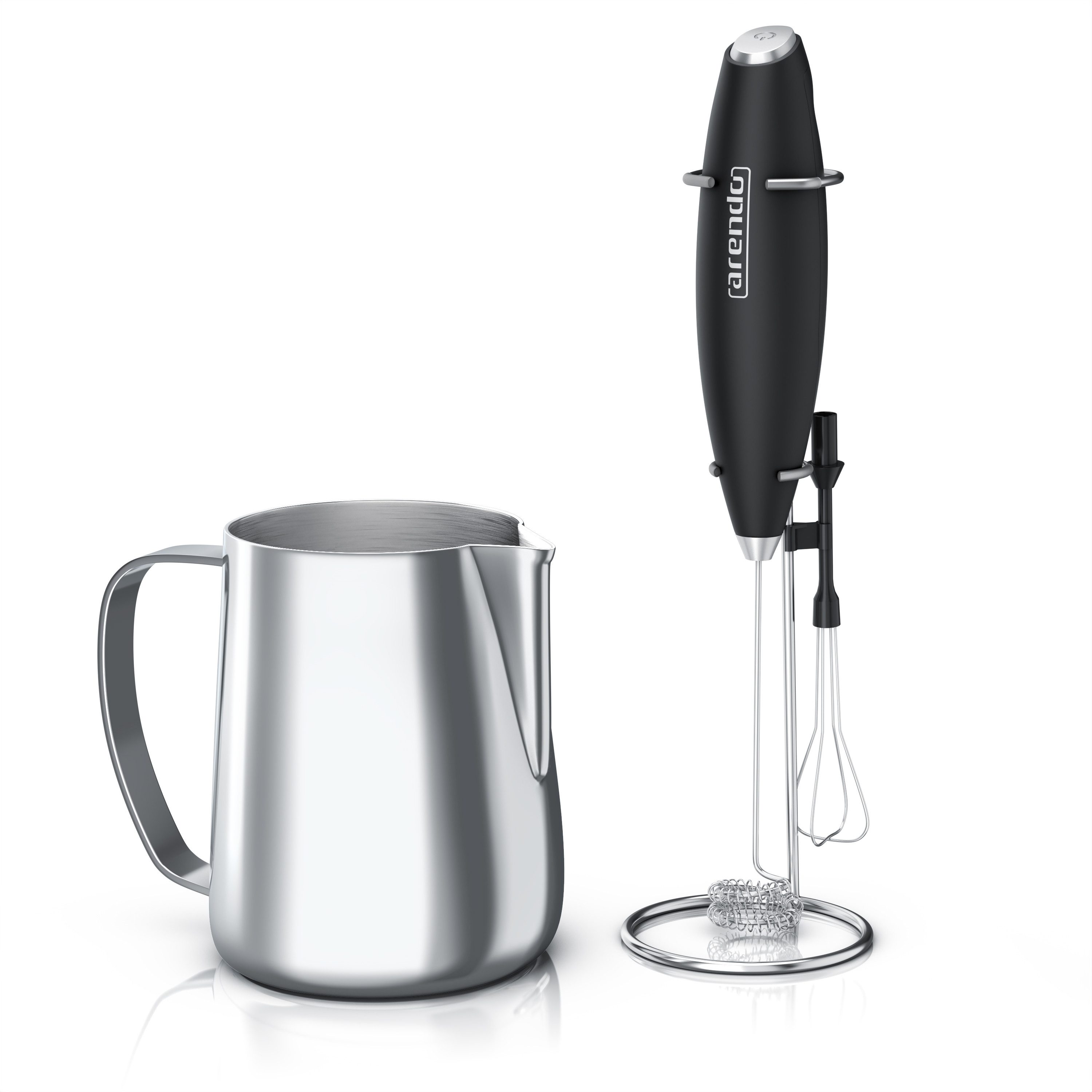 Arendo Milchaufschäumer mit Milchkännchen, Stab Handmilchaufschäumer elektrisch + Milchkanne, Edelstahl, 350ml mit Messskala, Schneebesen und Dual-Quirl