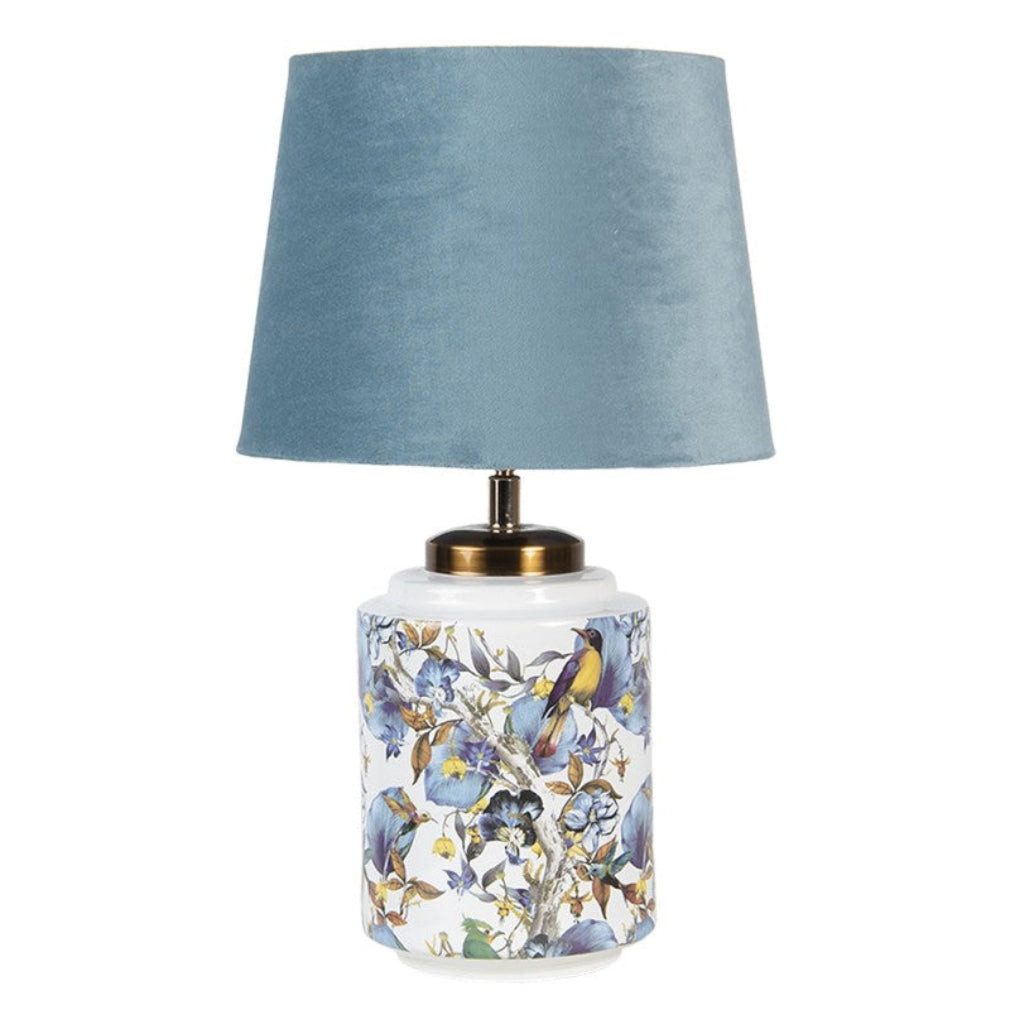 Clayre & Eef Nachttischlampe Romantische Tischlampe in hellblau Vogelmotiv 25 x 41 xm