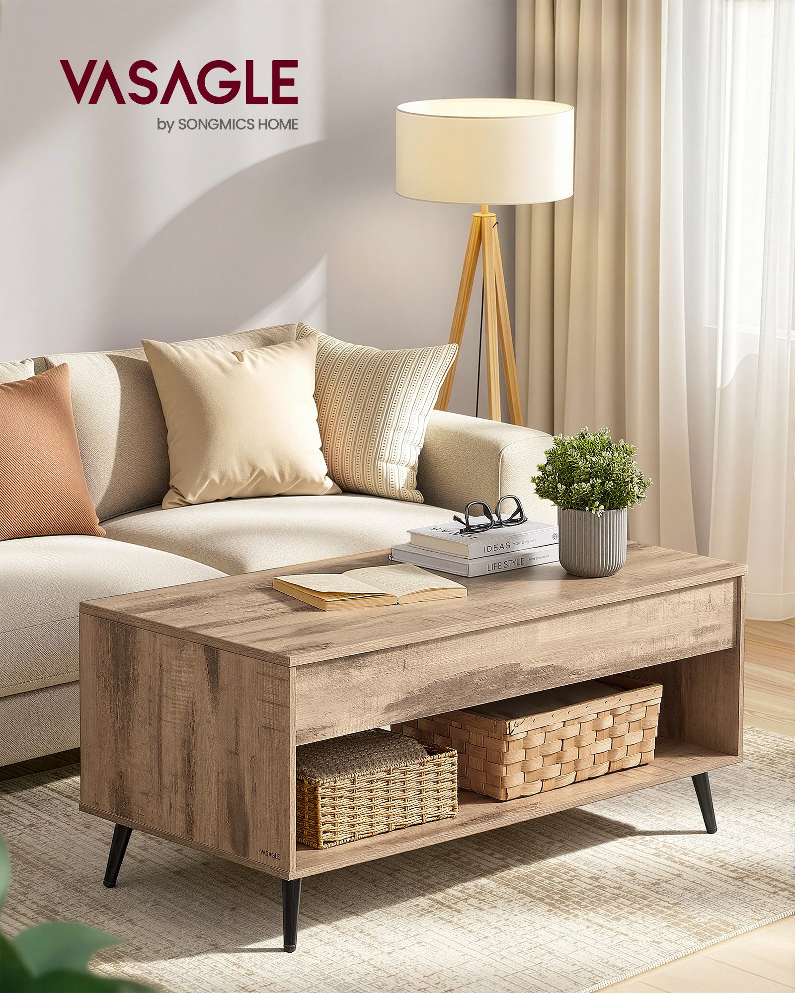 VASAGLE Couchtisch höhenverstellbar, verstecktes Fach, offenes Fach, 50 x 100 x 45/58,5cm (inkl. Zubehörpaket & Anleitung, aufklappbar), Schreibtisch, Basis-Höhenverstellung, Wohnzimmertisch, Kaffeetisch