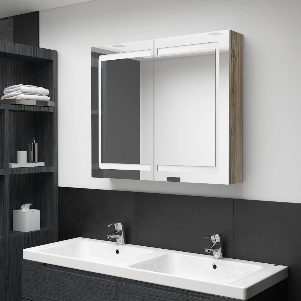 vidaXL cm (1-St) fürs 80x12x68 Badezimmerspiegelschrank LED-Spiegelschrank Eichen-Optik Bad