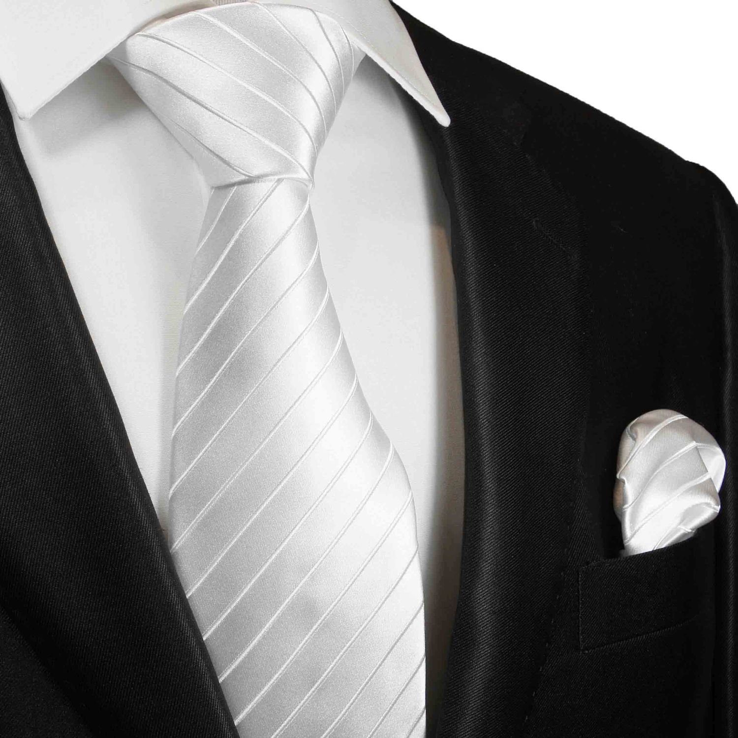 Paul Malone Krawatte Herren Seidenkrawatte mit Tuch modern uni gestreift 100% Seide (Set, 2-St., Krawatte mit Einstecktuch) Breit (8cm), weiß 2052