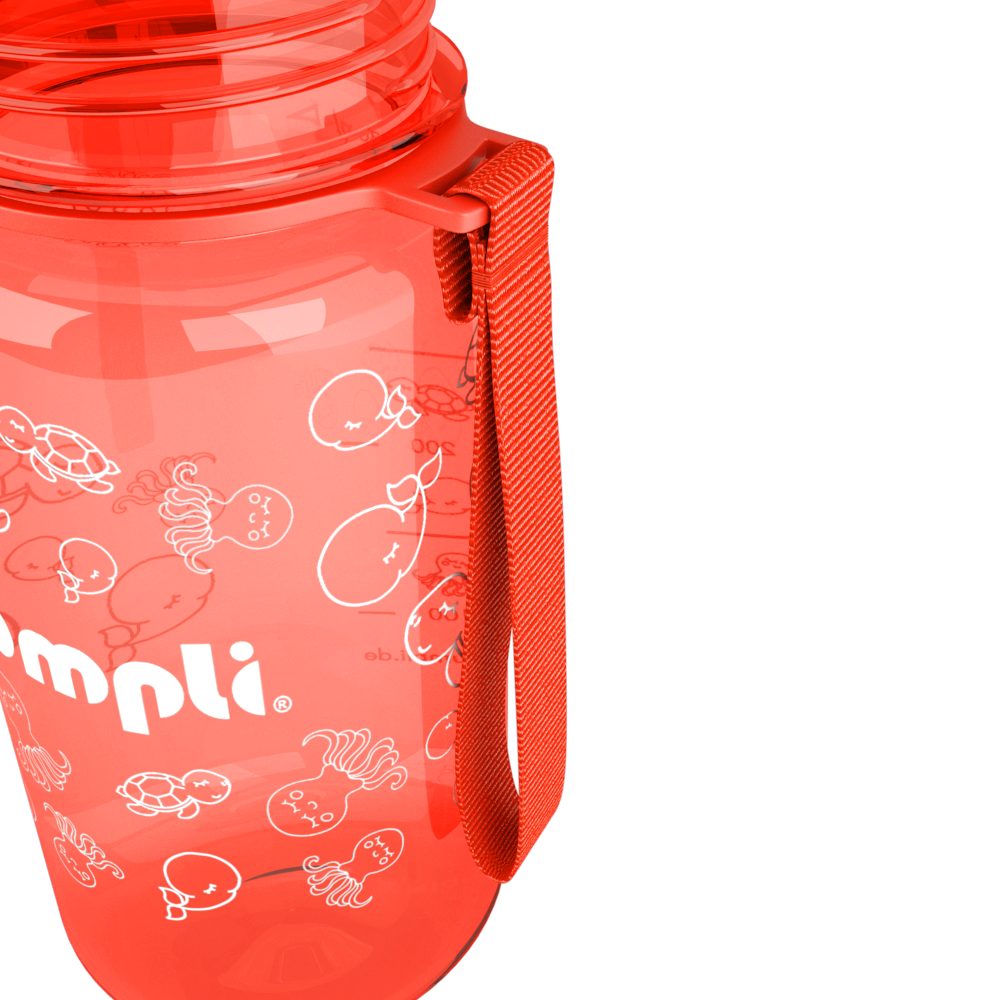 Wasserflasche, auslaufsicher, +Strohhalmdeckel, bumpli® BPA-frei, Trinkflasche Kinder Trageschlaufe, Fruchtsieb 350ml Trinkflasche Rot spülmaschinenfest,