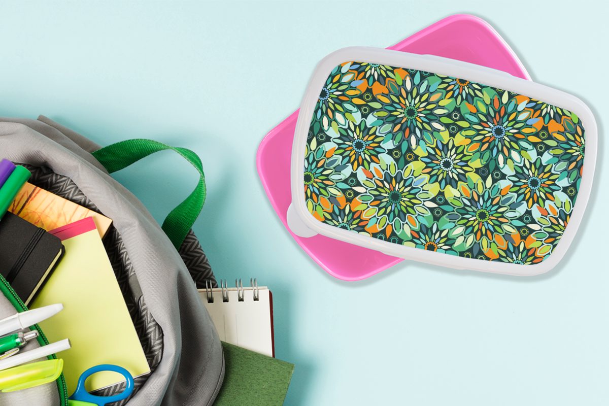 MuchoWow Lunchbox Muster Erwachsene, Grün, (2-tlg), für Mandala Kunststoff, Brotdose rosa - Kunststoff Mädchen, Kinder, - Snackbox, Brotbox