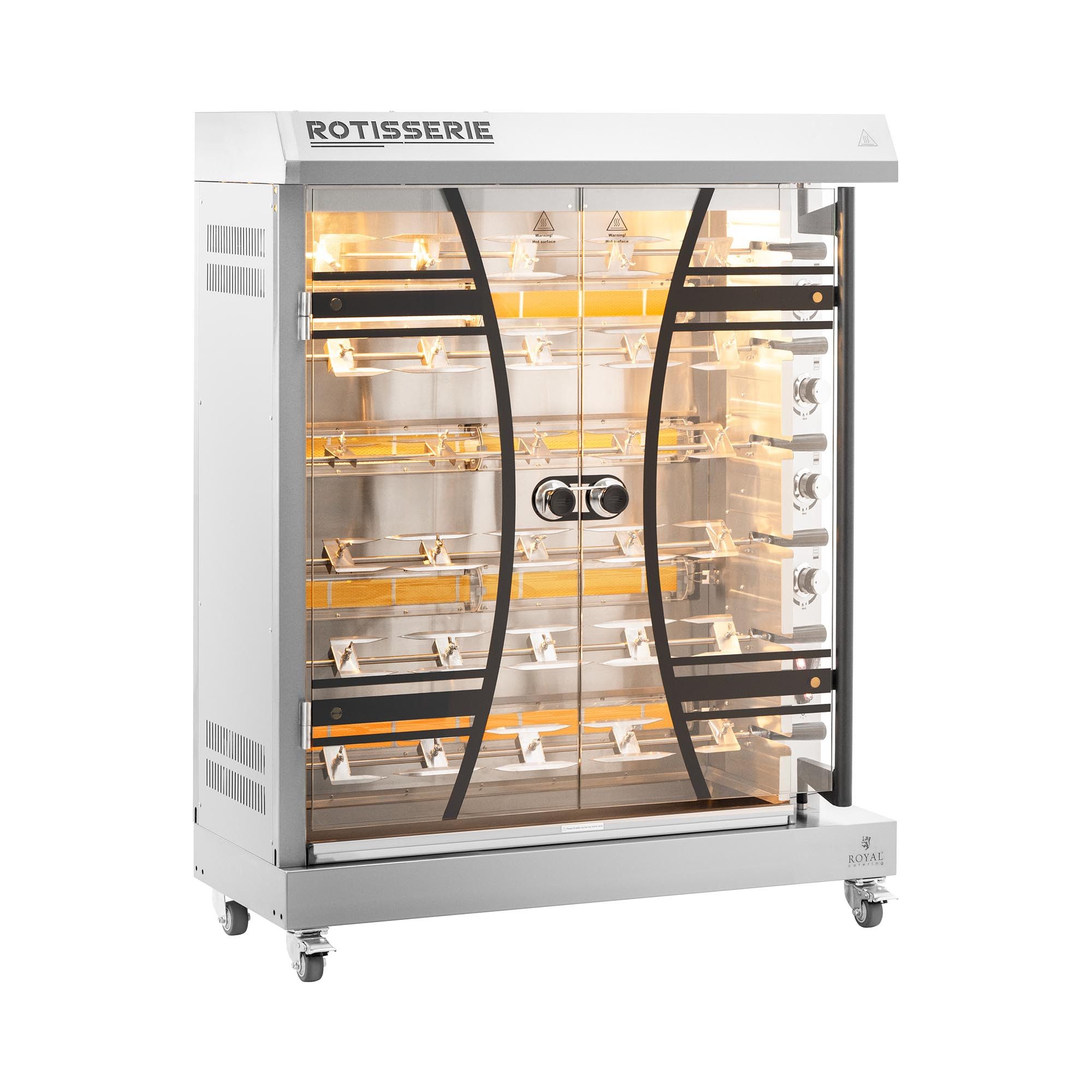 Royal Catering Gasgrill Gas-Hähnchengrill 6 Spieße bis zu 36 Hähnchen mit Beleuchtung 4 x 5 kW, verschiedene Größen