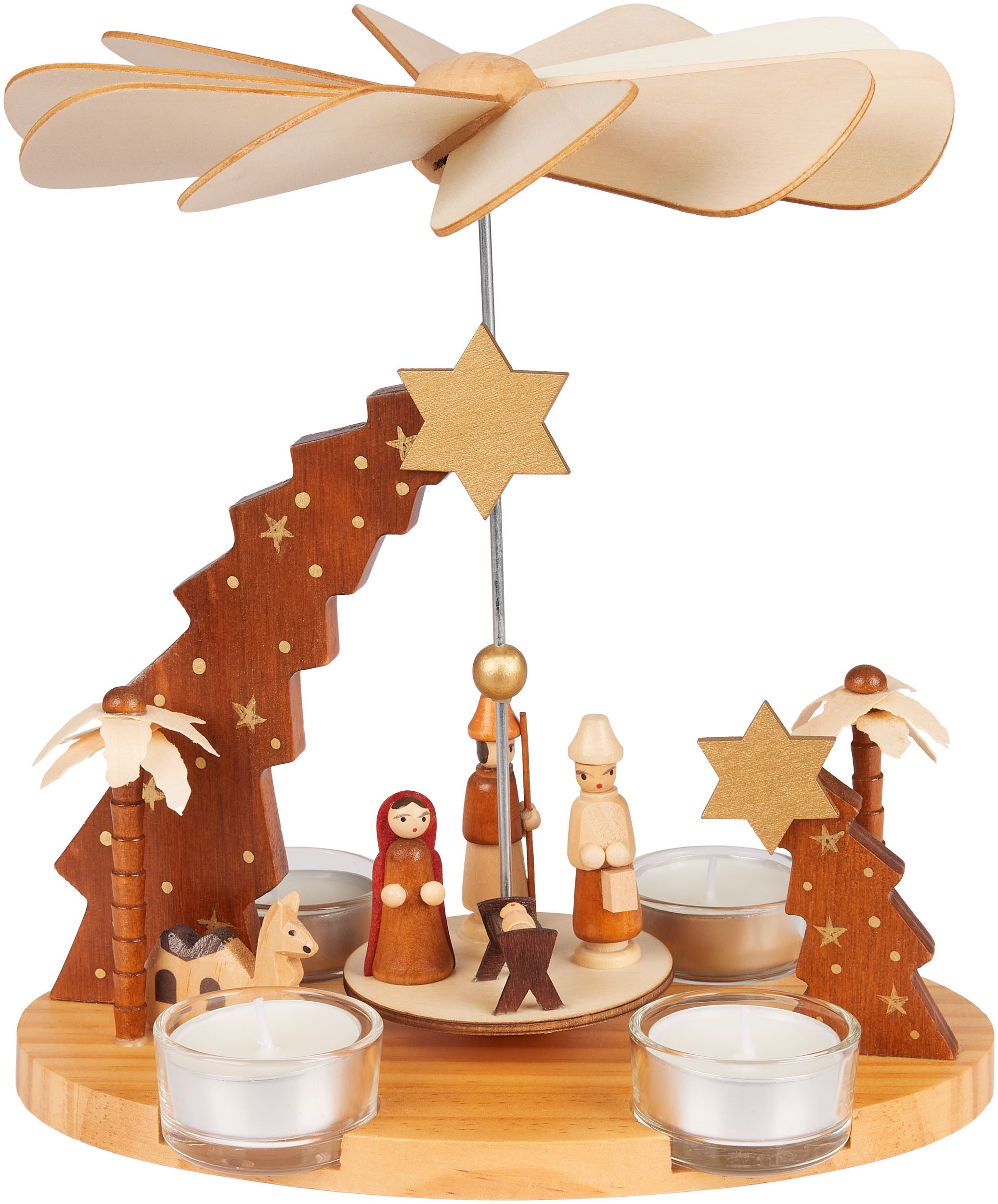 Weihnachtspyramide Teelichtpyramide aus Holz - Stern von Betlehem, Jesus, Maria und Josef