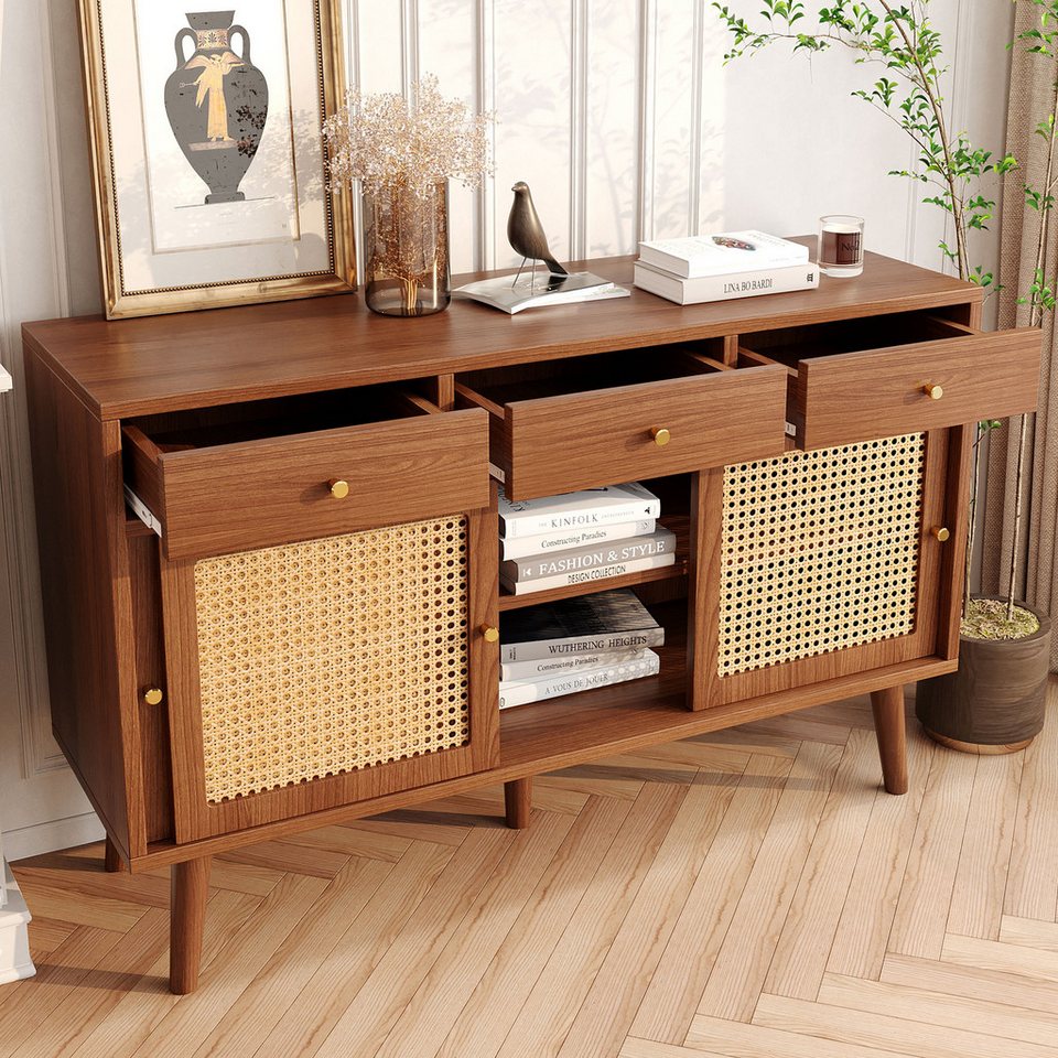 Celya Rattan Sideboard Kommode - 3 Schubladen & Türen Walnuss