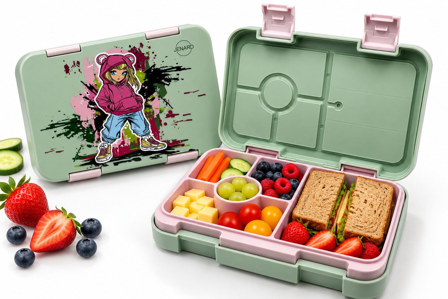 JENARD Lunchbox JENARD Brotdose Kinder mit Fächern Bento Box, PP, Auslaufsicher, robust, leicht zu öffnen, leicht zu reinigen