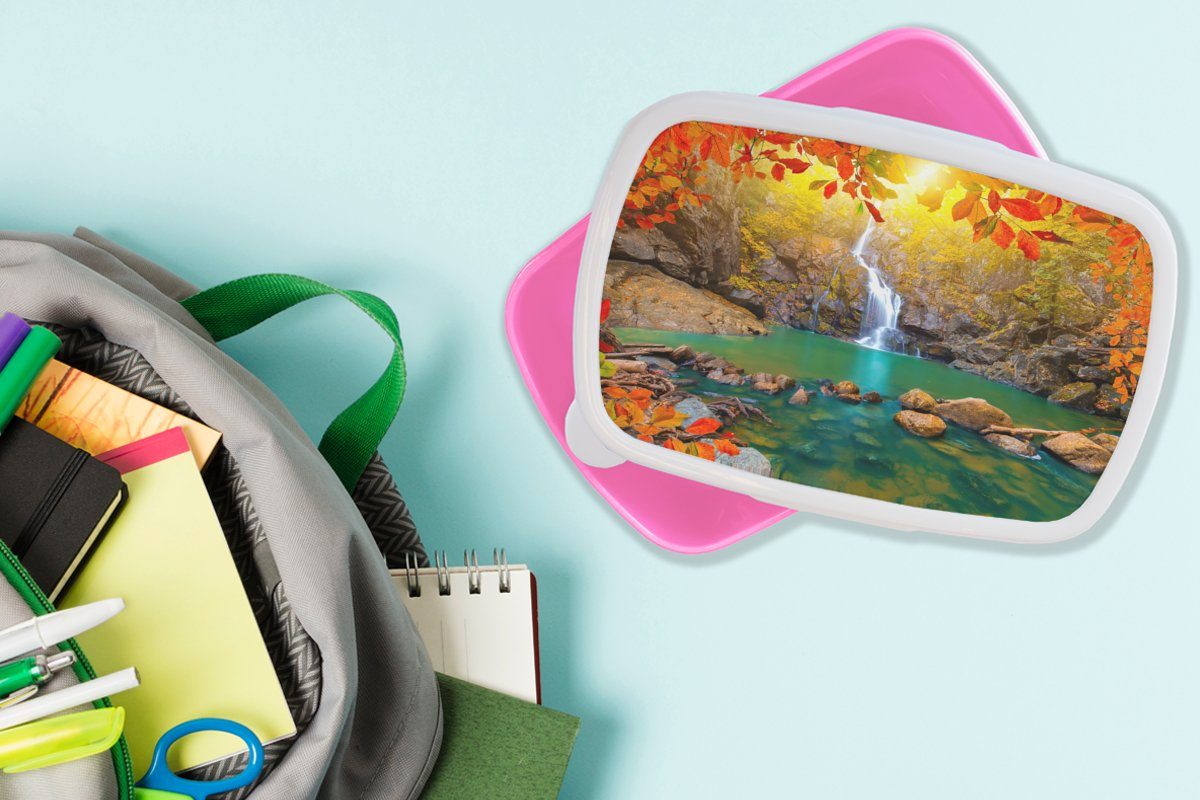 Lunchbox Erwachsene, (2-tlg), Brotdose rosa Kunststoff für - Steine Snackbox, - Kunststoff, Kinder, Rot, Wasserfall Mädchen, Herbst - - Baum Brotbox MuchoWow