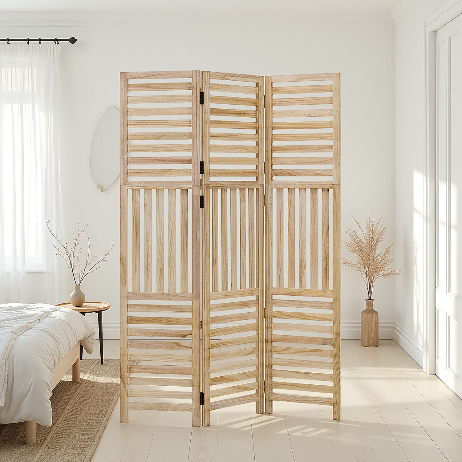 Homestyle4u Paravent Raumteiler Holz Trennwand Natur Sichtschutz Indoor faltbar Lamellen (3-teilig), Paneel Paneeloptik